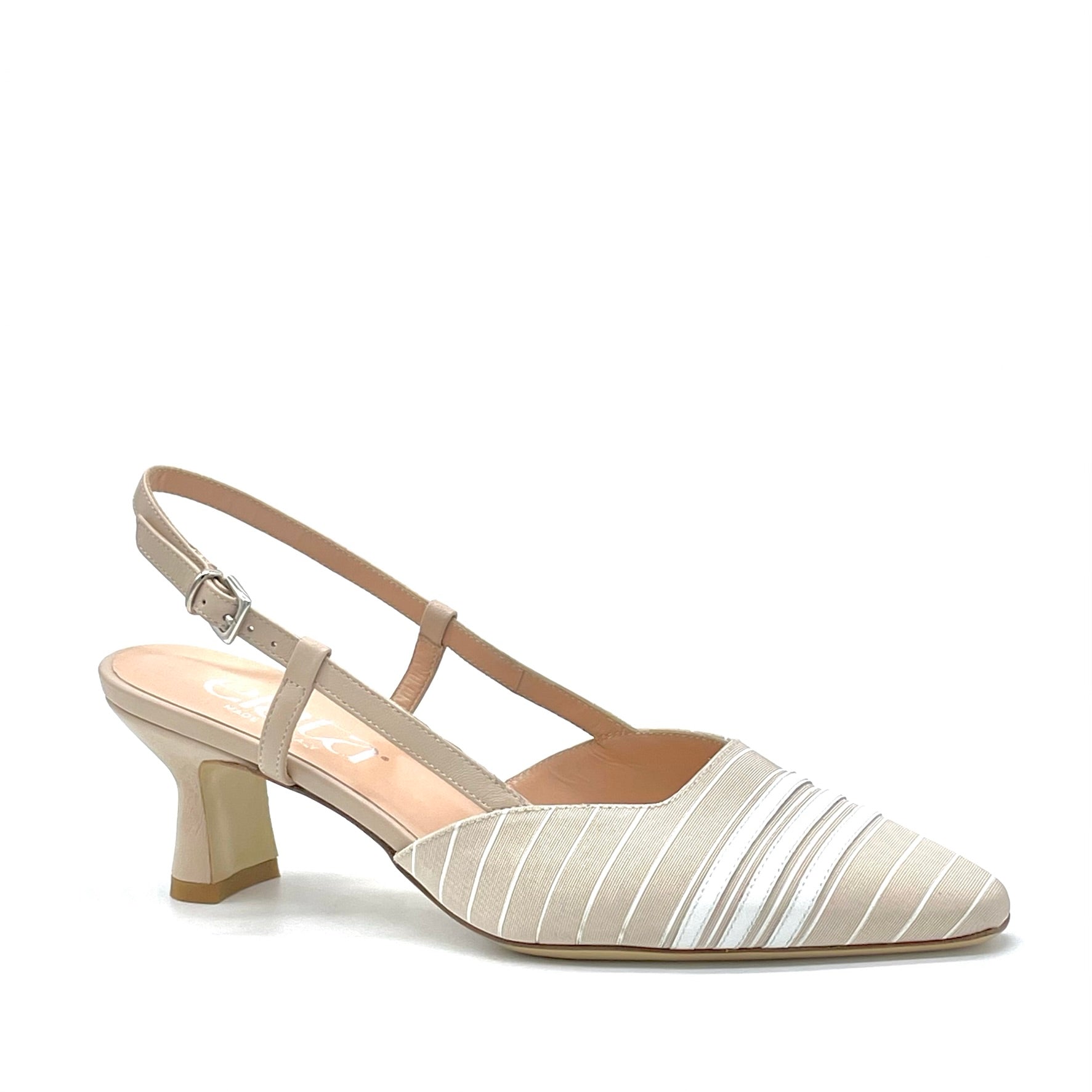 Beige and white striped fabric slingback with white leather insert – Cod. 14159