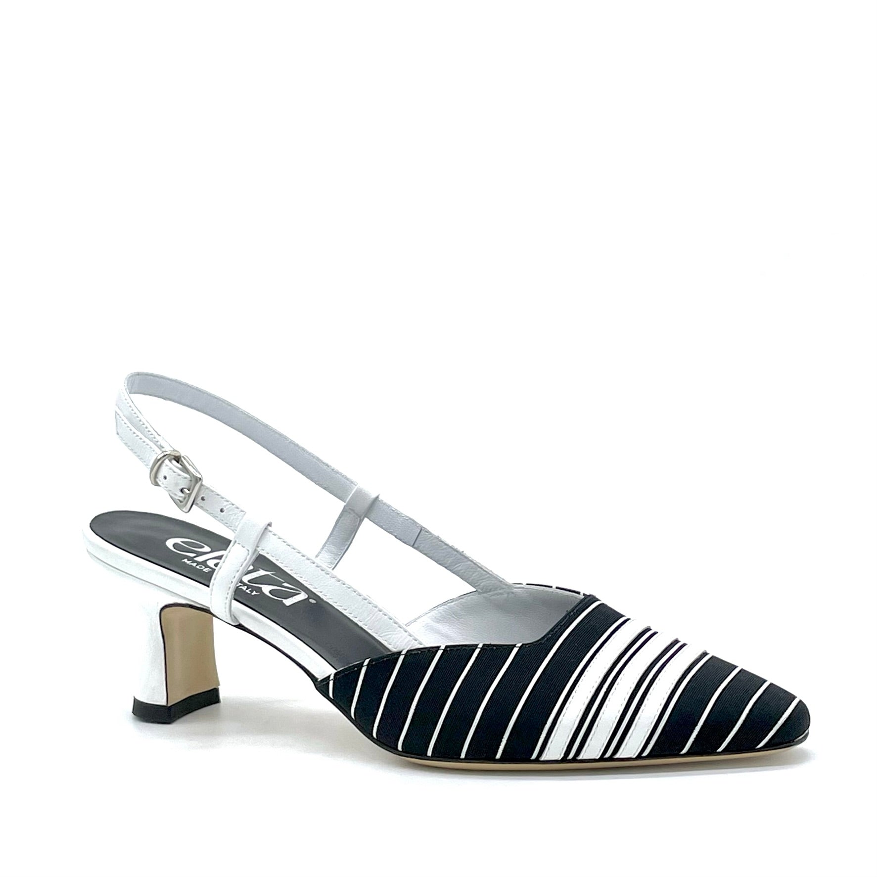 Slingback in tessuto a strisce bianco e nero con inserti di pelle bianca – Cod. 14159-1