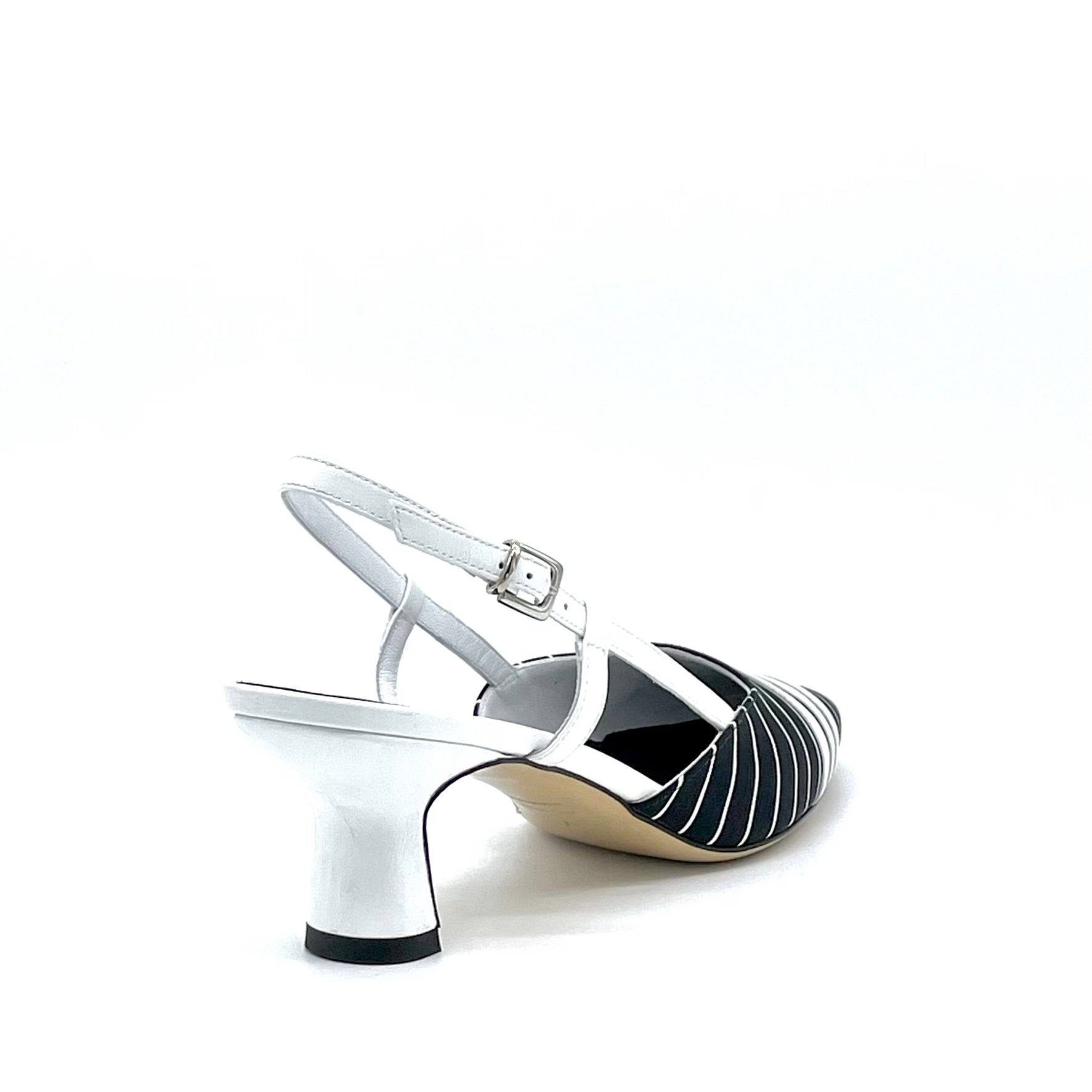 Slingback in tessuto a strisce bianco e nero con inserti di pelle bianca – Cod. 14159-1