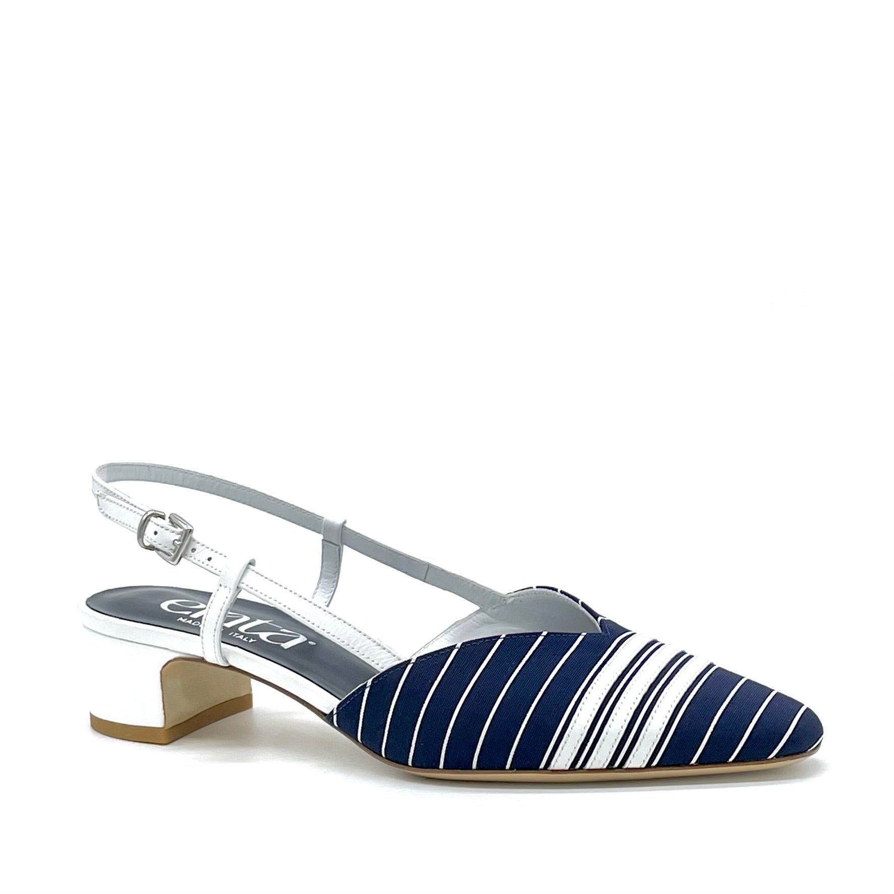 Slingback in tessuto a strisce bianco e blu con inserti di pelle bianca – Cod. 14164
