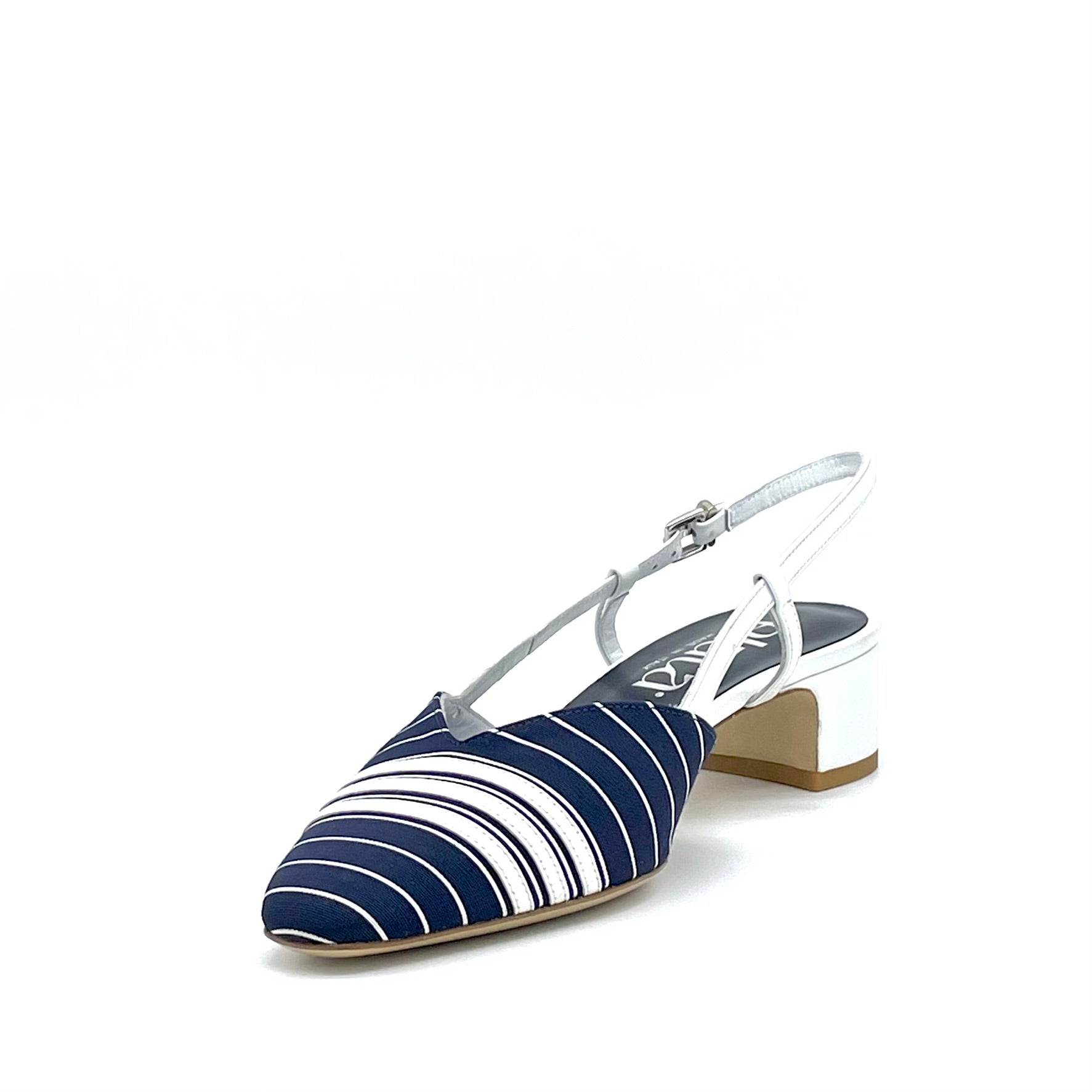 Slingback in tessuto a strisce bianco e blu con inserti di pelle bianca – Cod. 14164