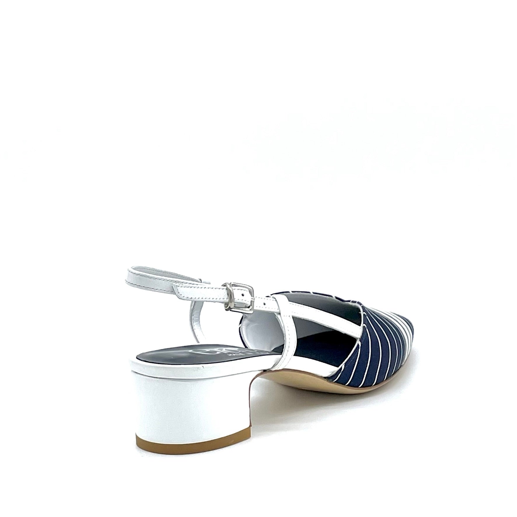 Slingback in tessuto a strisce bianco e blu con inserti di pelle bianca – Cod. 14164