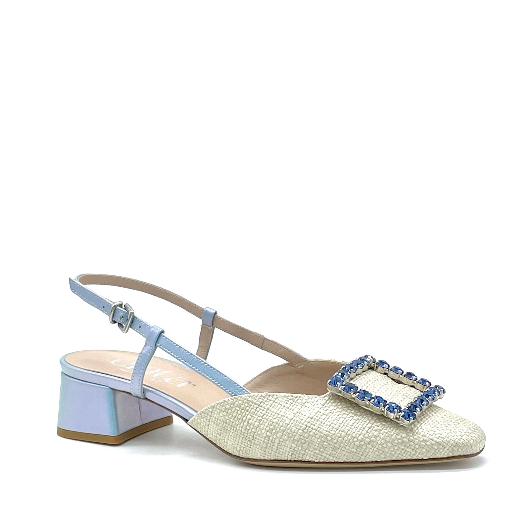 Slingback in rafia beige e pelle cangiante celeste con accessorio gioiello – Cod. 14165