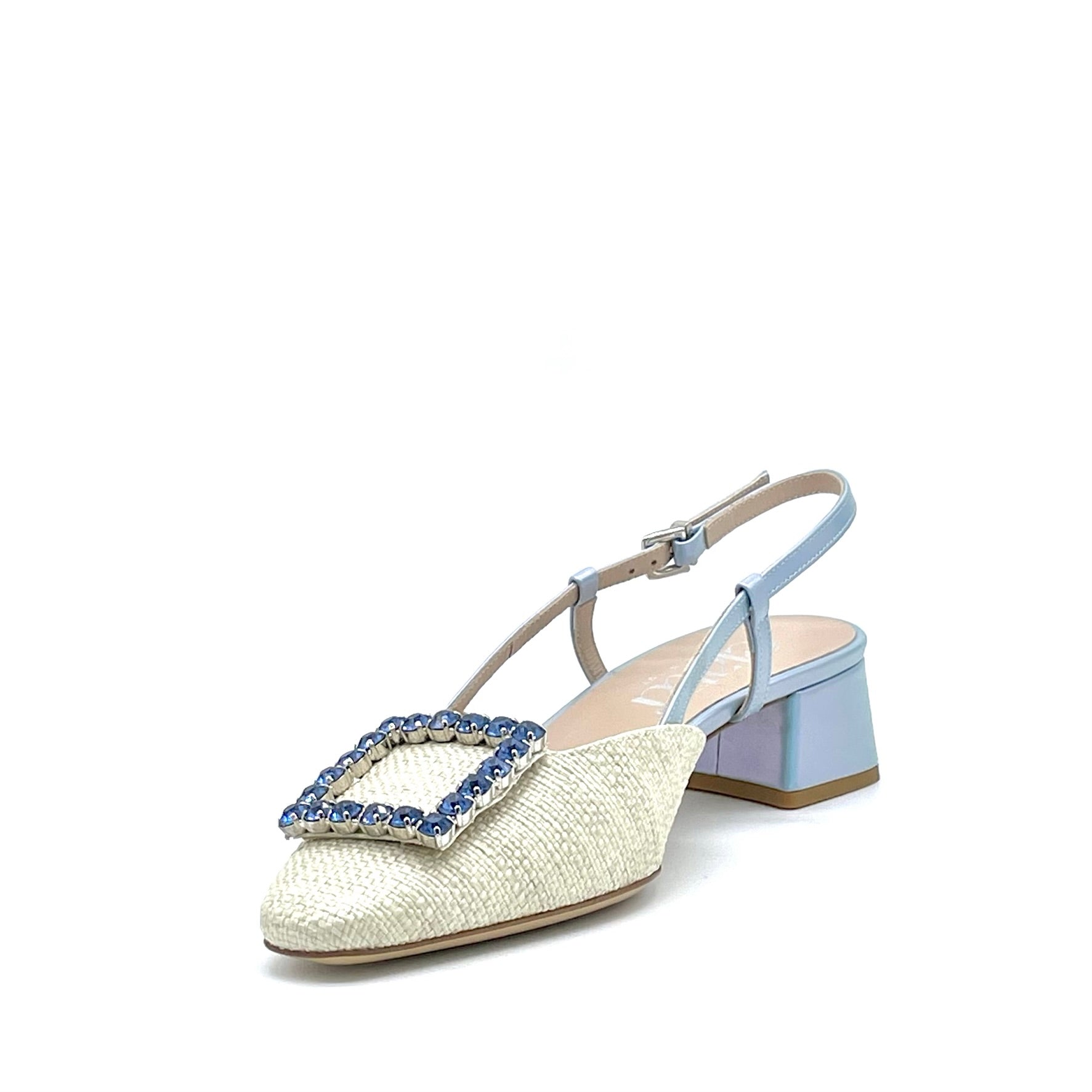 Slingback in rafia beige e pelle cangiante celeste con accessorio gioiello – Cod. 14165