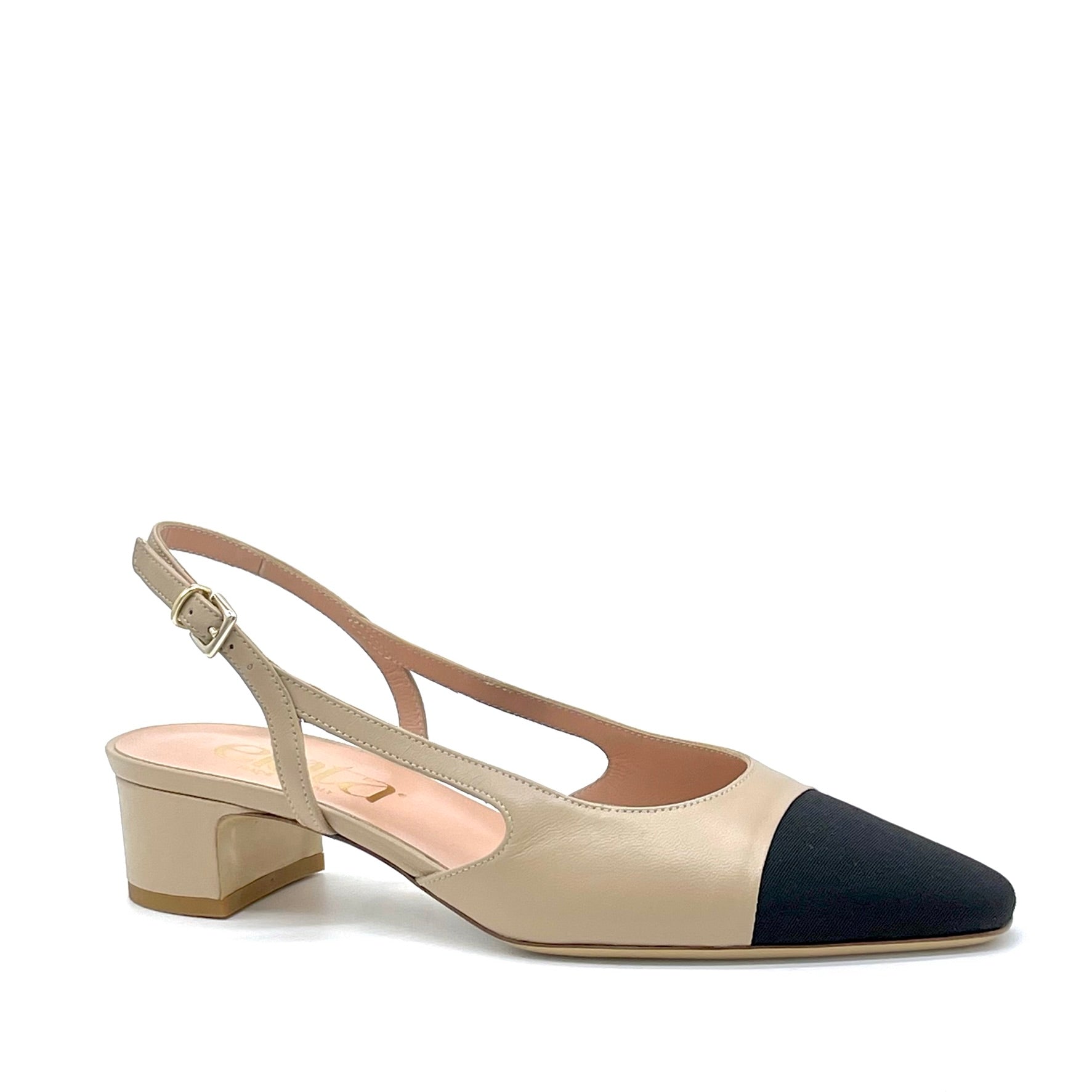 Slingback in pelle beige e tessuto nero – Cod. 14166