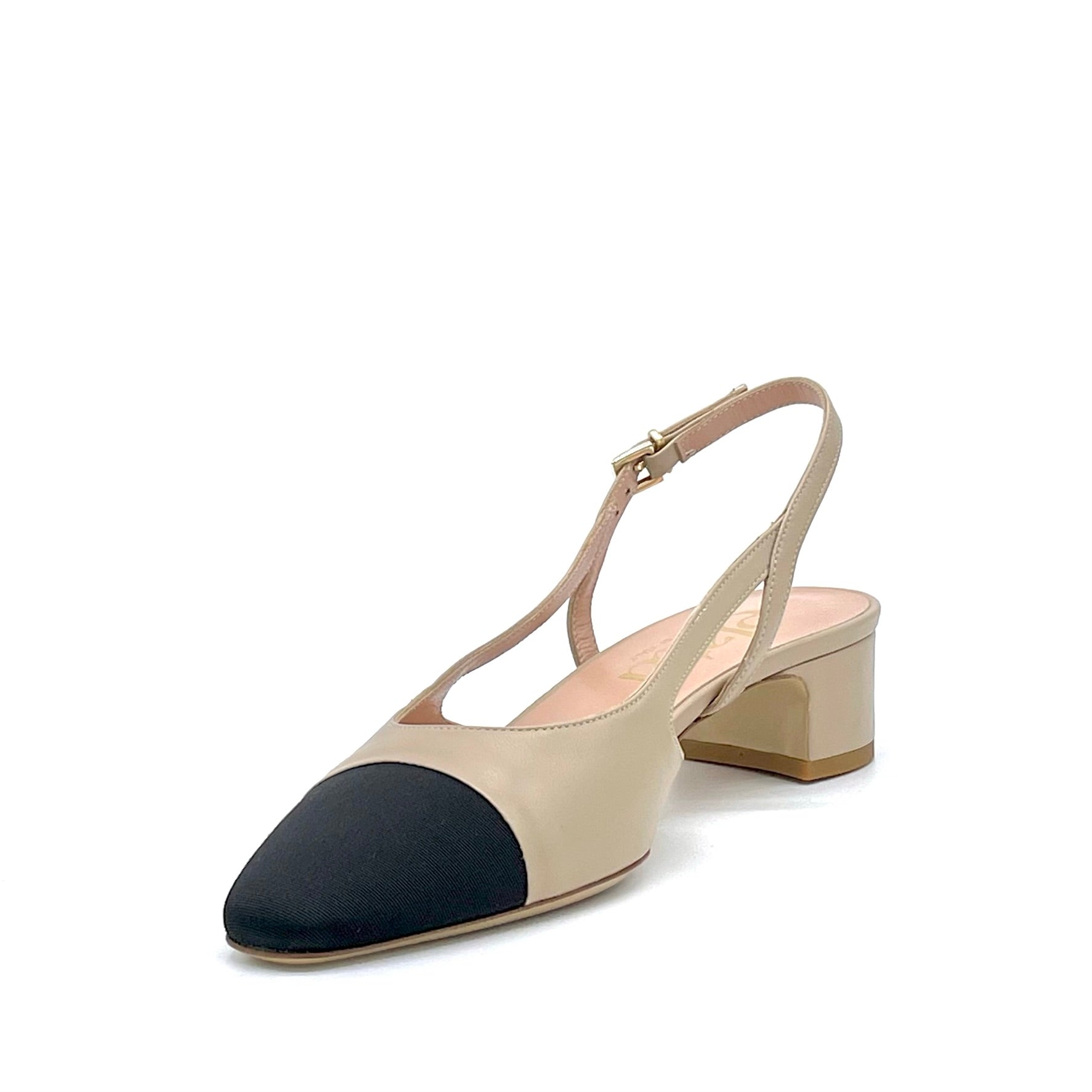 Slingback in pelle beige e tessuto nero – Cod. 14166