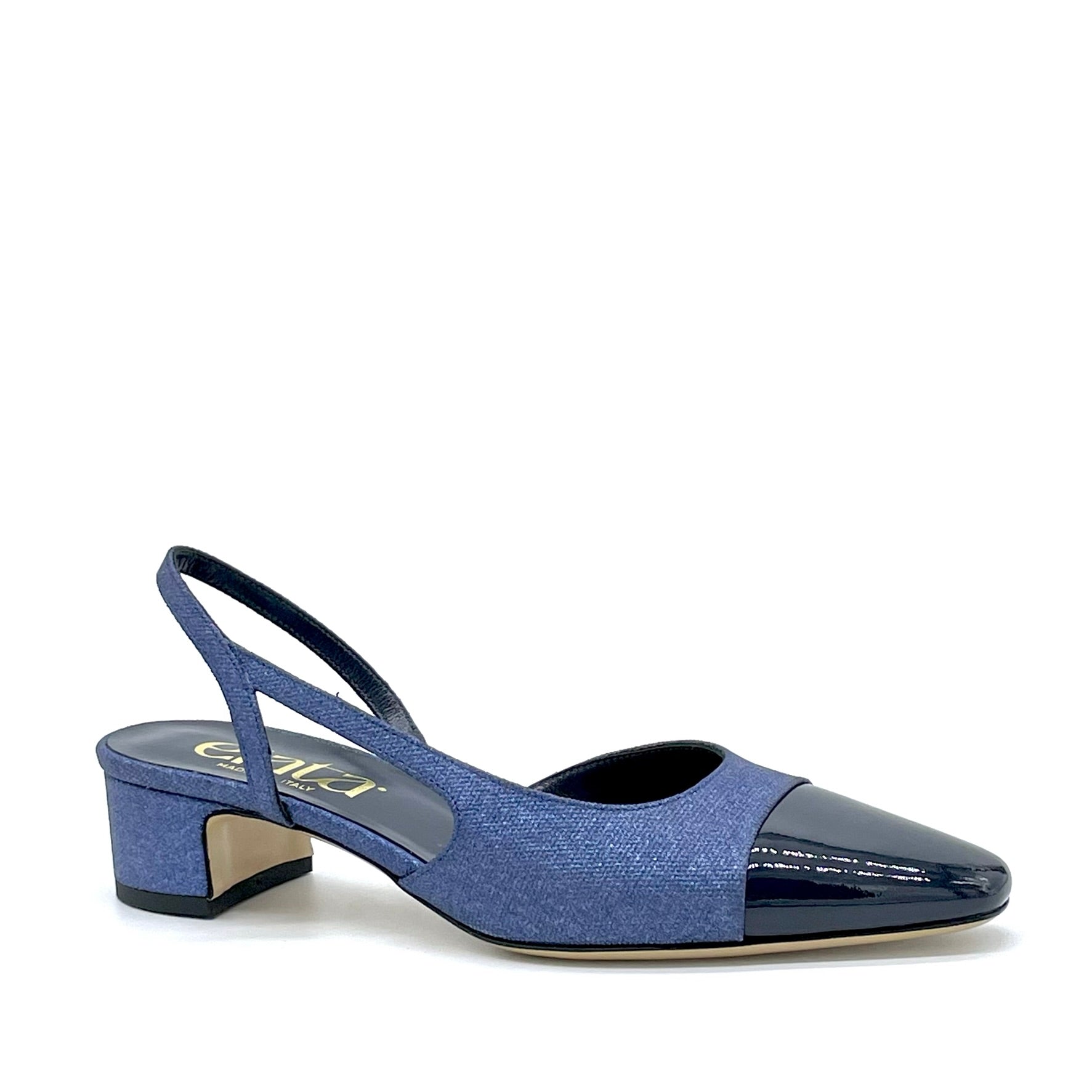 Slingback in tessuto laminato e vernice blu – Cod. 14167