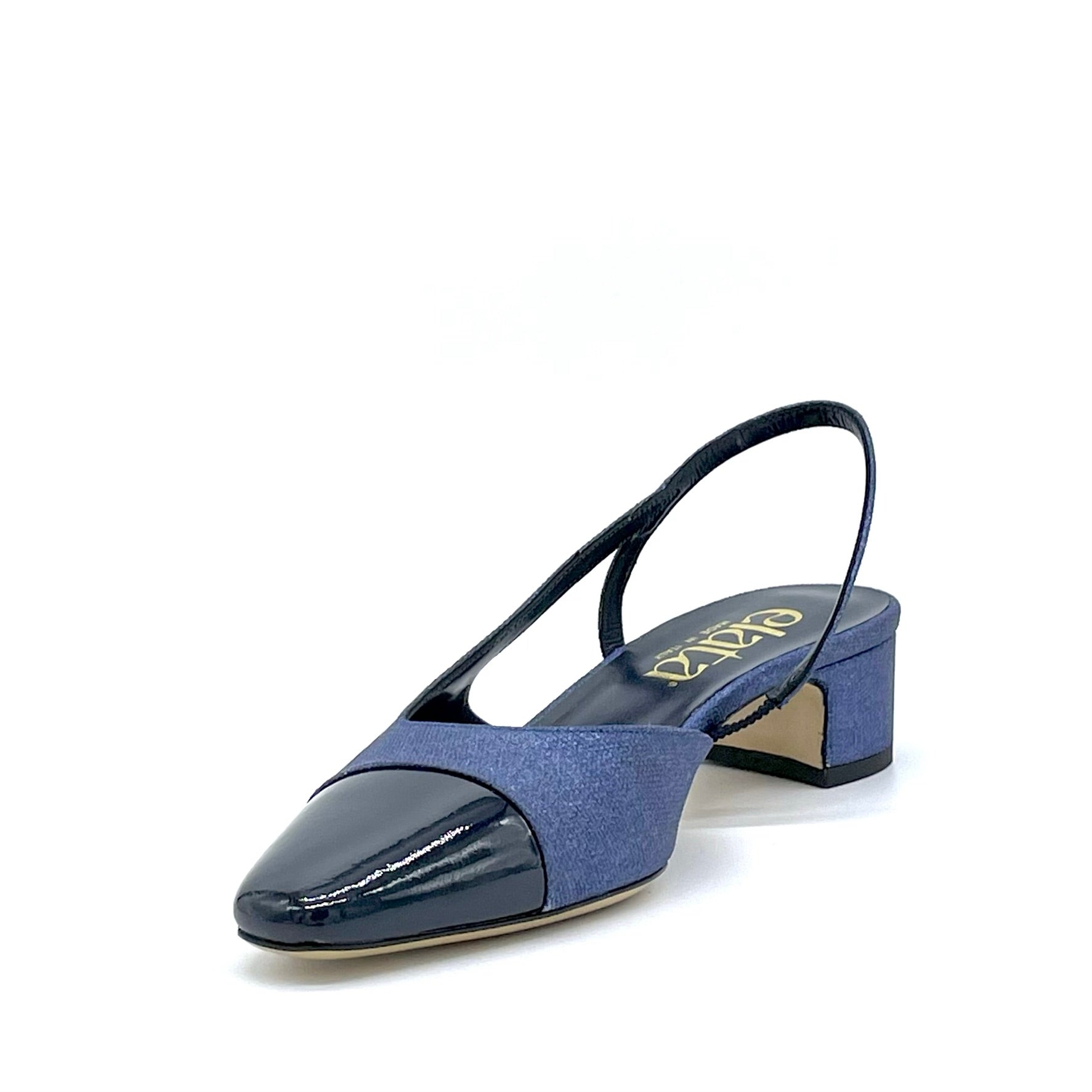 Slingback in tessuto laminato e vernice blu – Cod. 14167
