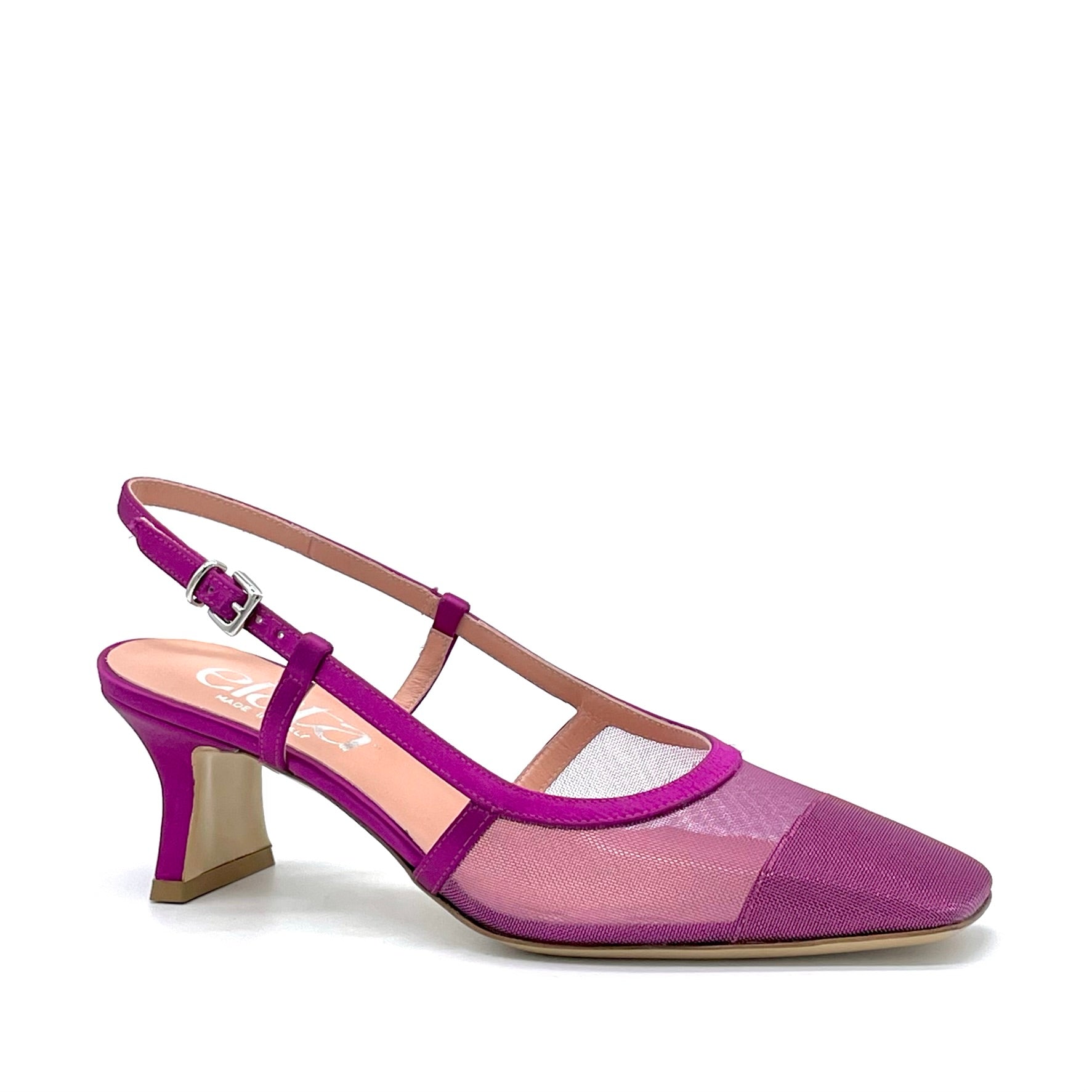 Slingback in raso di seta e rete color ciclamino – Cod. 14172