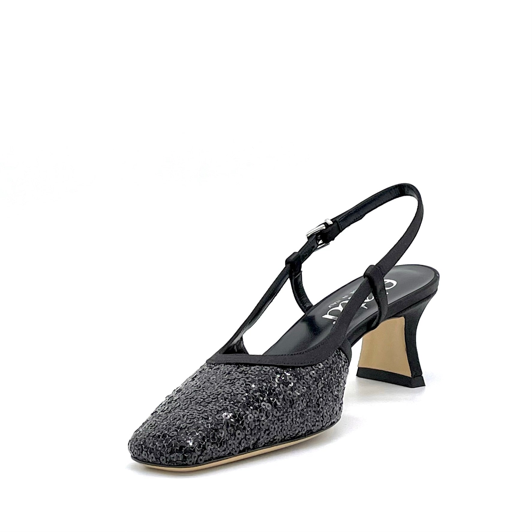 Slingback in raso di seta e tessuto di paillettes nero – Cod. 14174