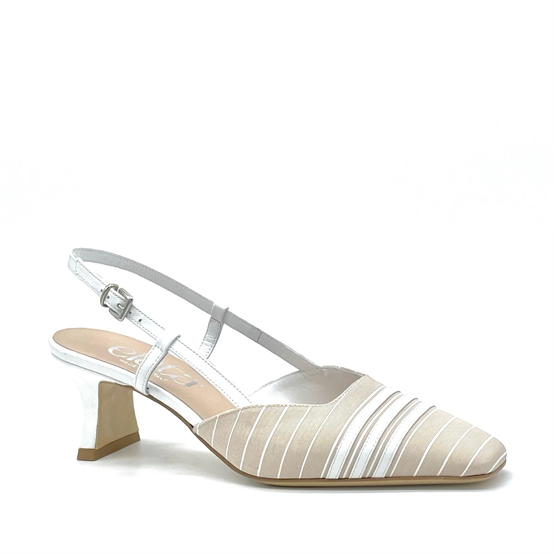 Slingback in tessuto a righe bianco e beige e inserti in pelle bianca – Cod. 14175