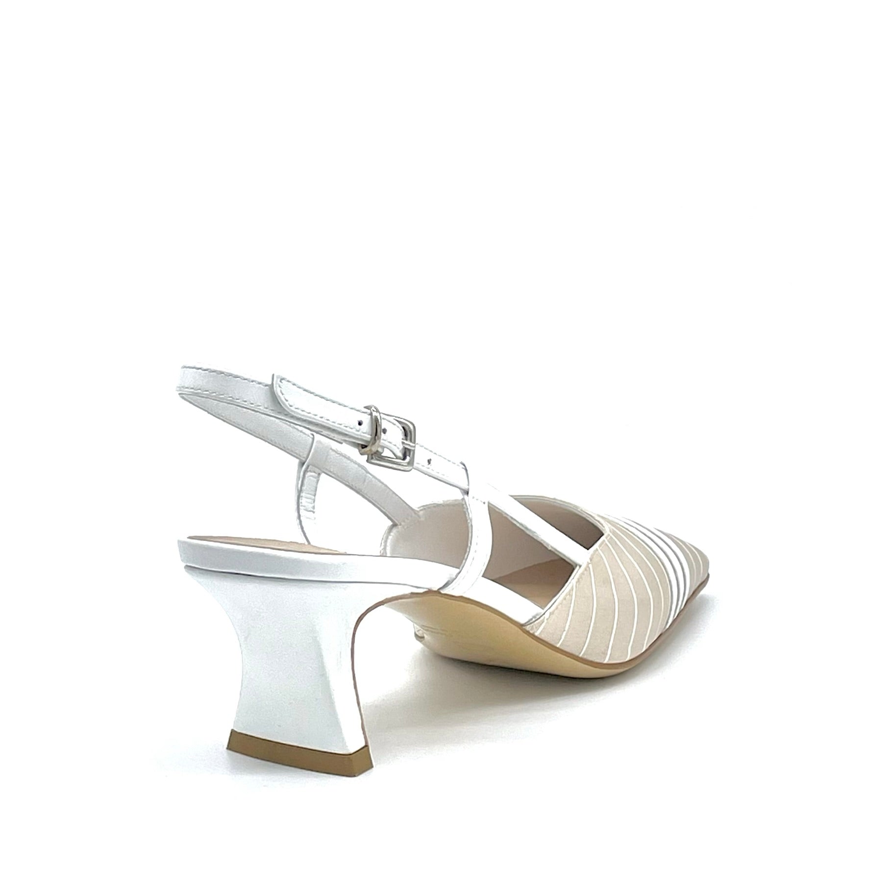Beige and white striped fabric slingback with white leather insert – Cod. 14175