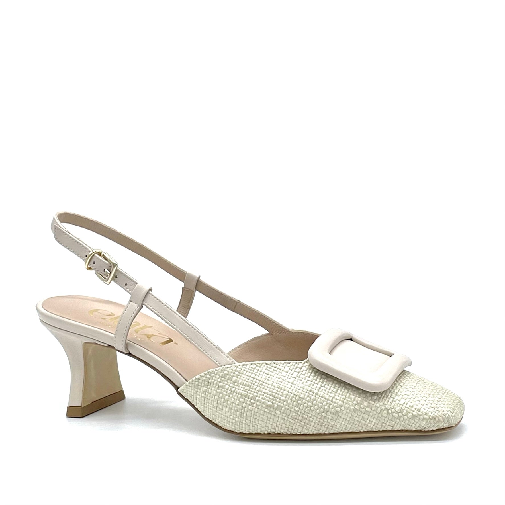 Beige raffia slingback with milk colored leather insert and buckle – Cod. 14176