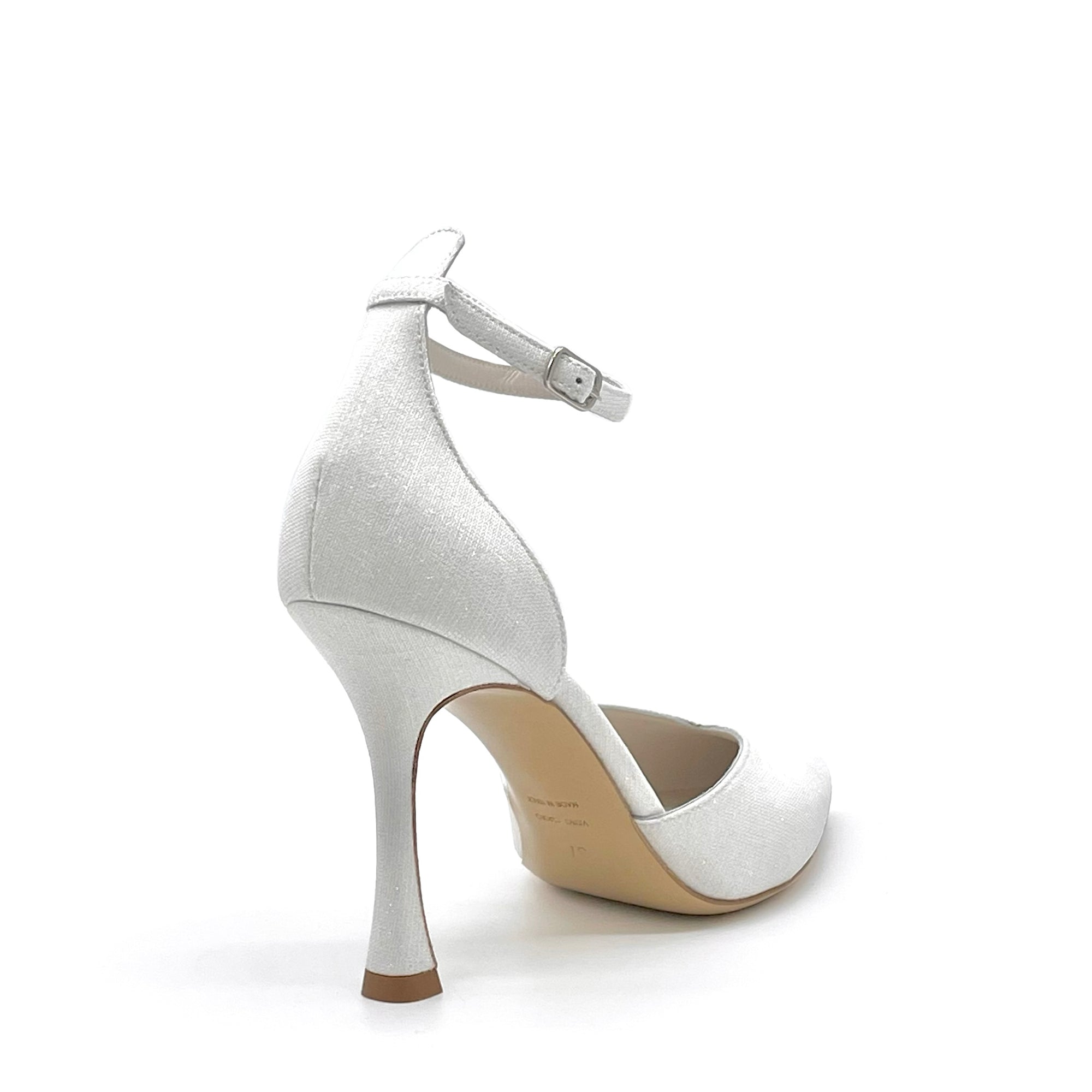 D’orsay in tessuto laminato bianco con cinturino alla caviglia – Cod. S2437