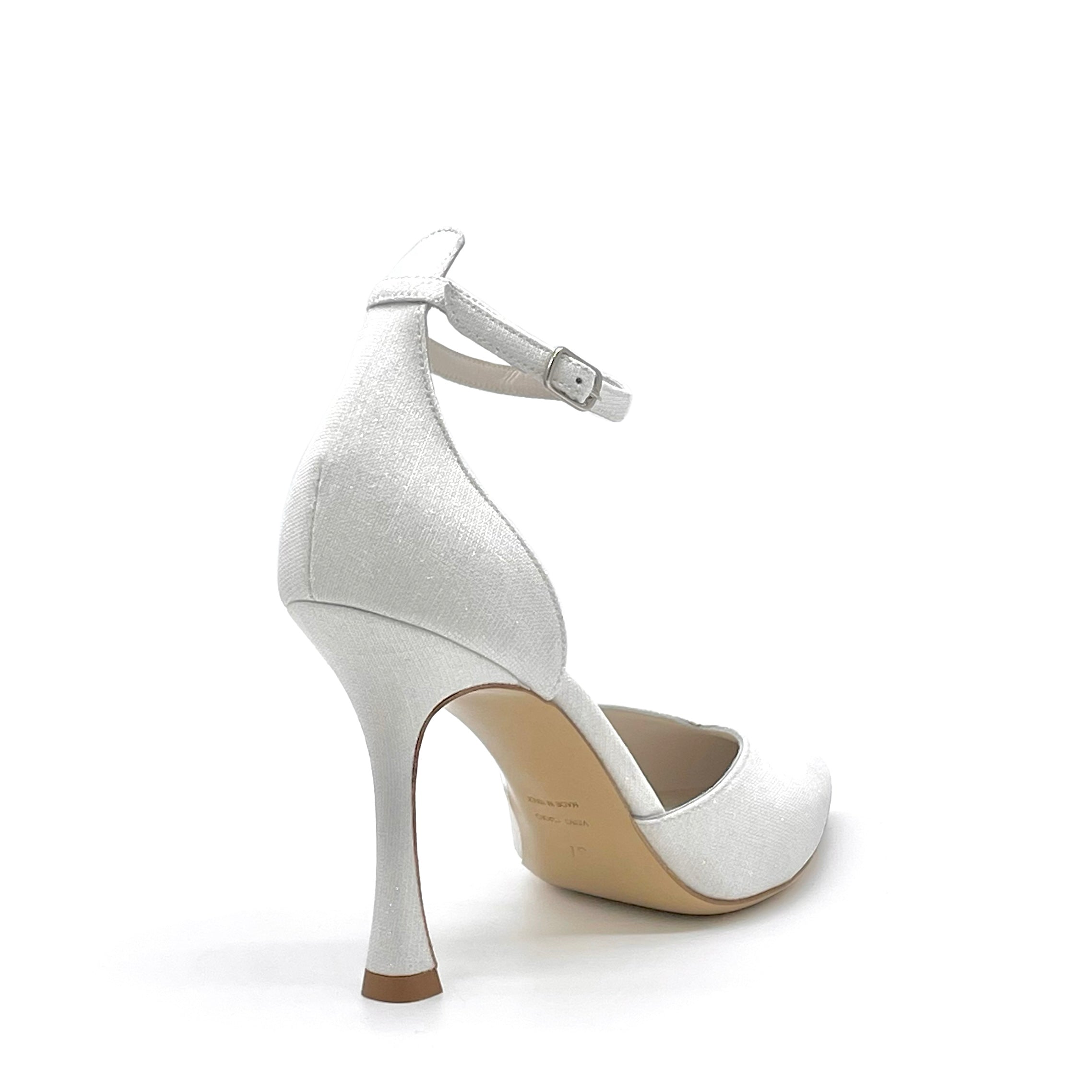 D’orsay in tessuto laminato bianco con cinturino alla caviglia – Cod. S2437