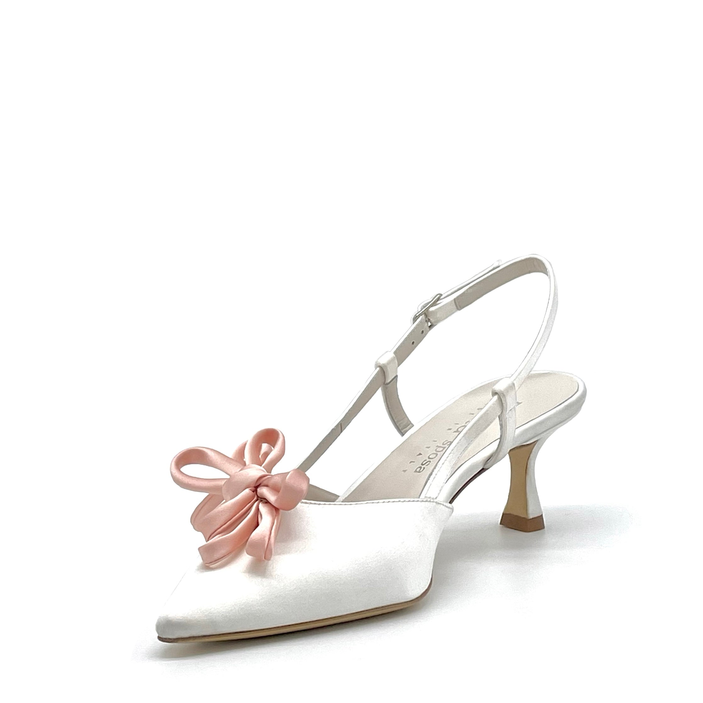 Slingback in raso di seta bianco e fiocco in raso rosa – Cod. S2438
