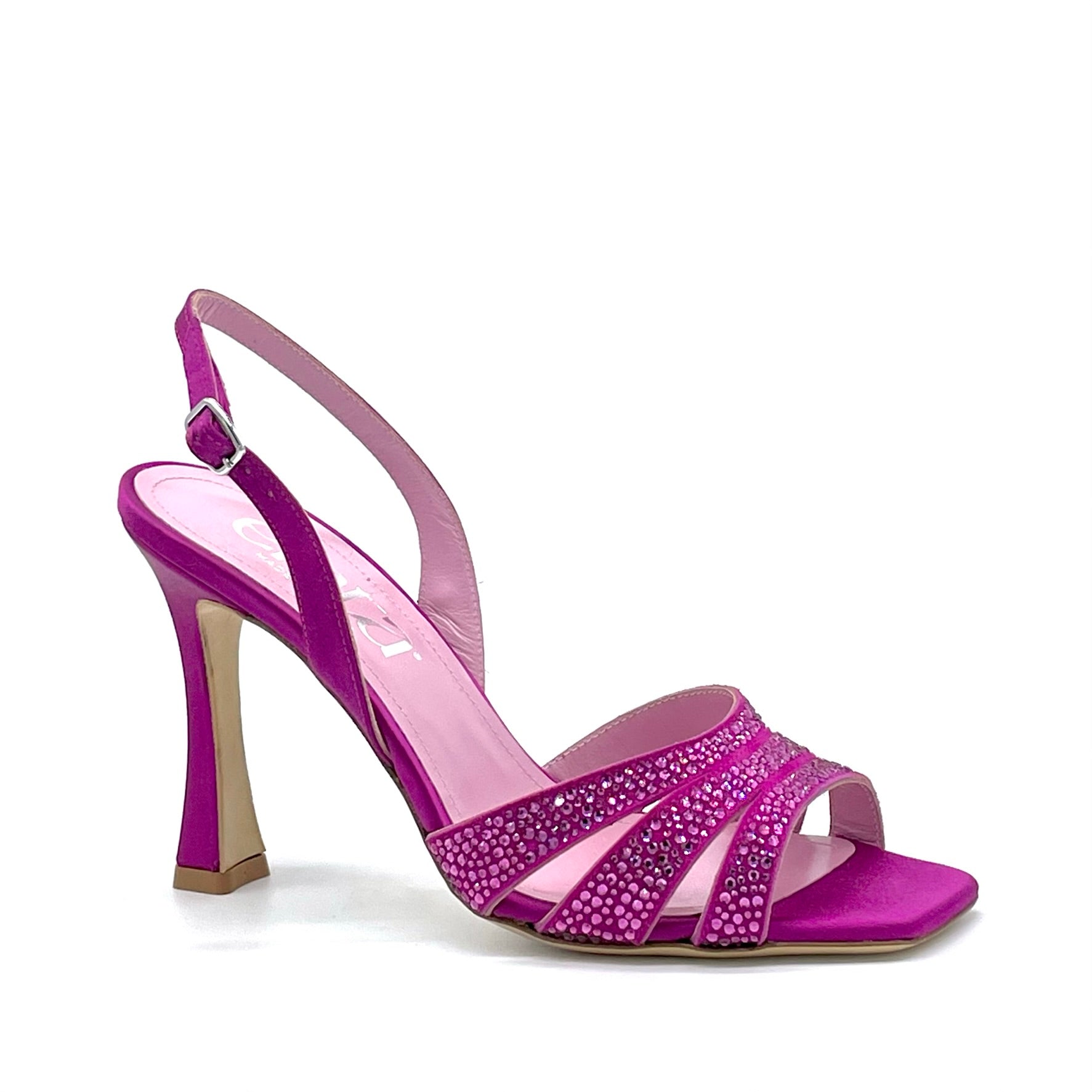 Cyclamen colored silk sandal with rhinestones – Cod. 14103-1