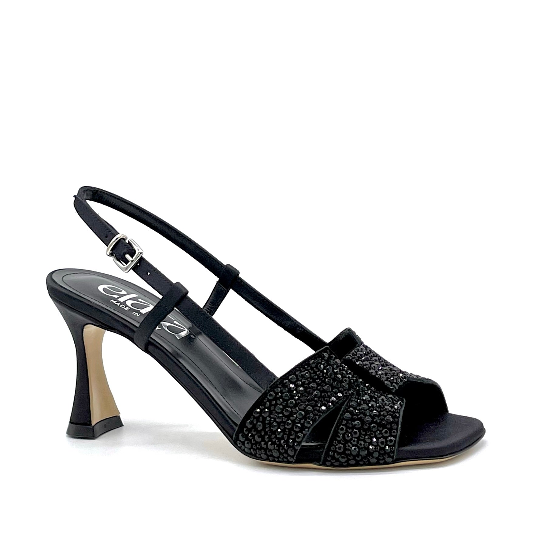 Sandalo in raso di seta nero e applicazione di strass – Cod. 14116