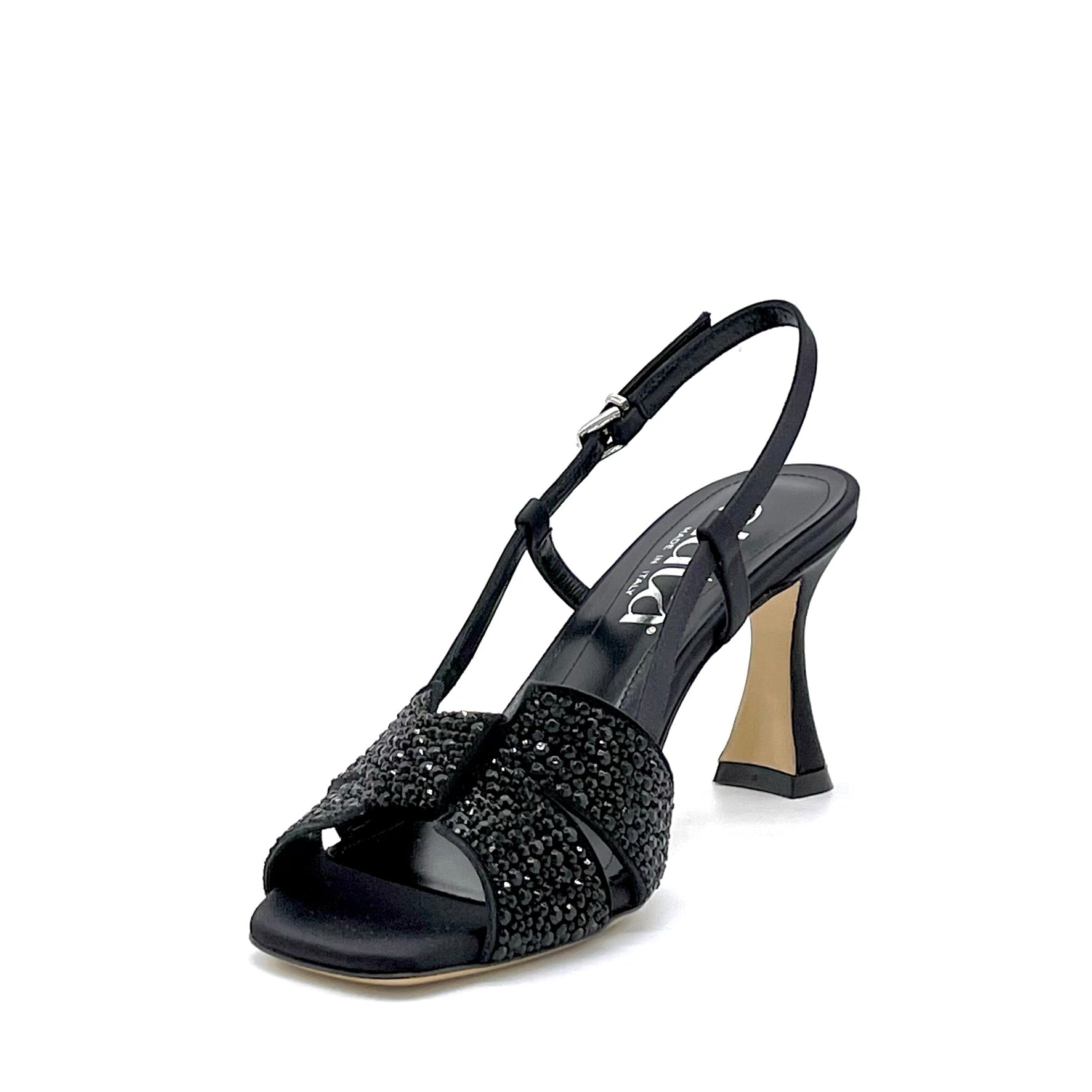 Sandalo in raso di seta nero e applicazione di strass – Cod. 14116