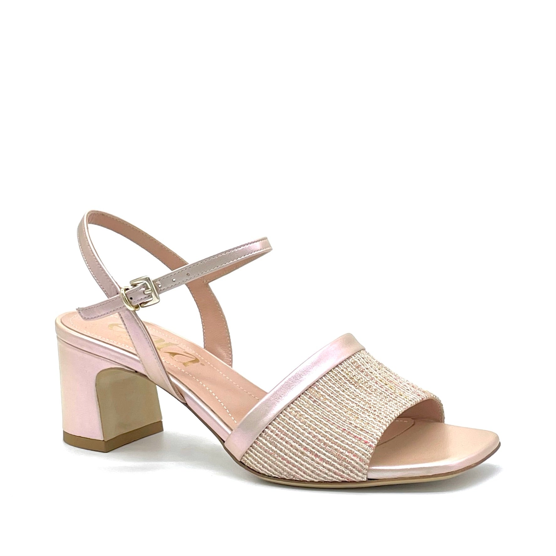 Sandalo in pelle cangiante rosa e tessuto multicolor – Cod. 14126