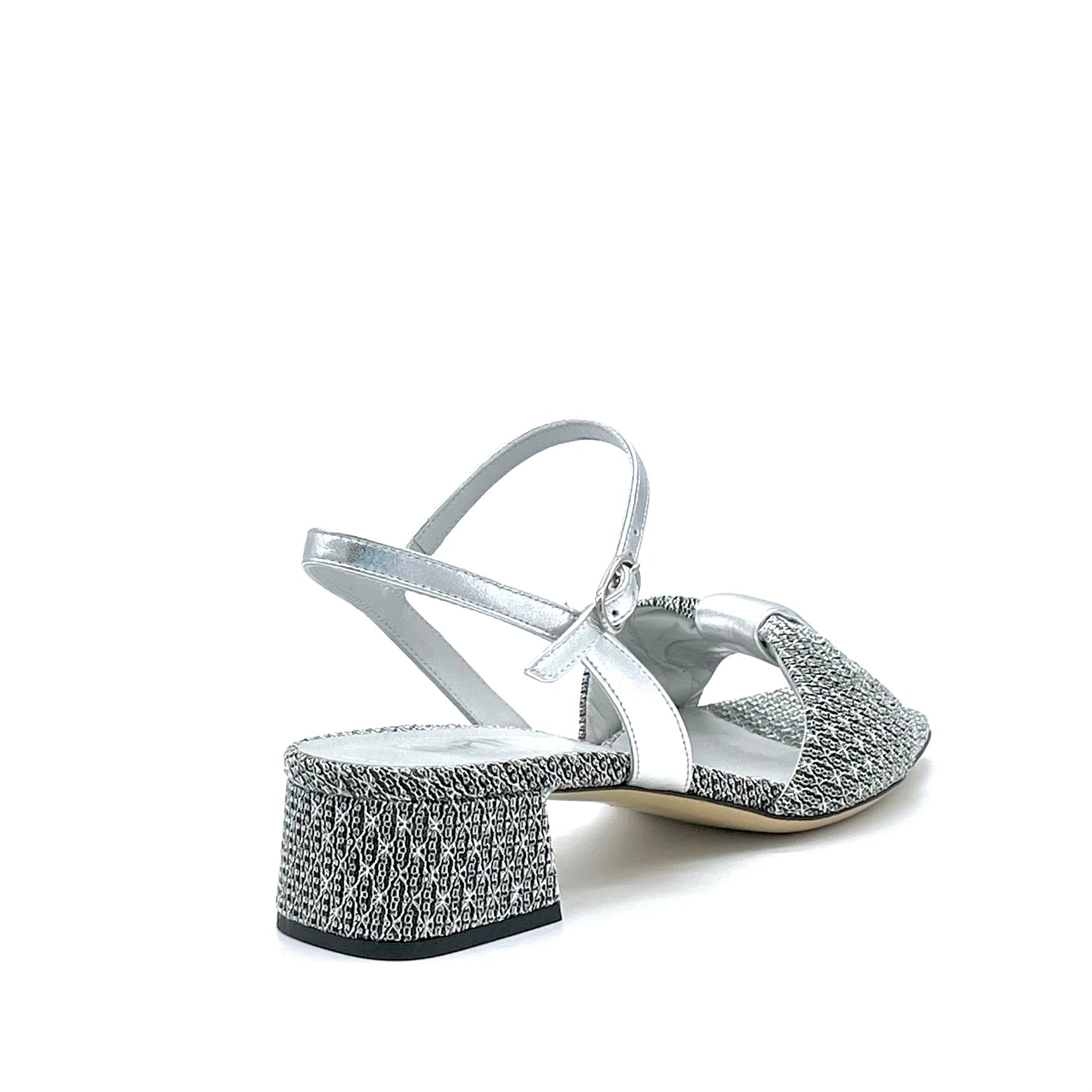 Sandalo in pelle e tessuto laminato argento – Cod. 14130
