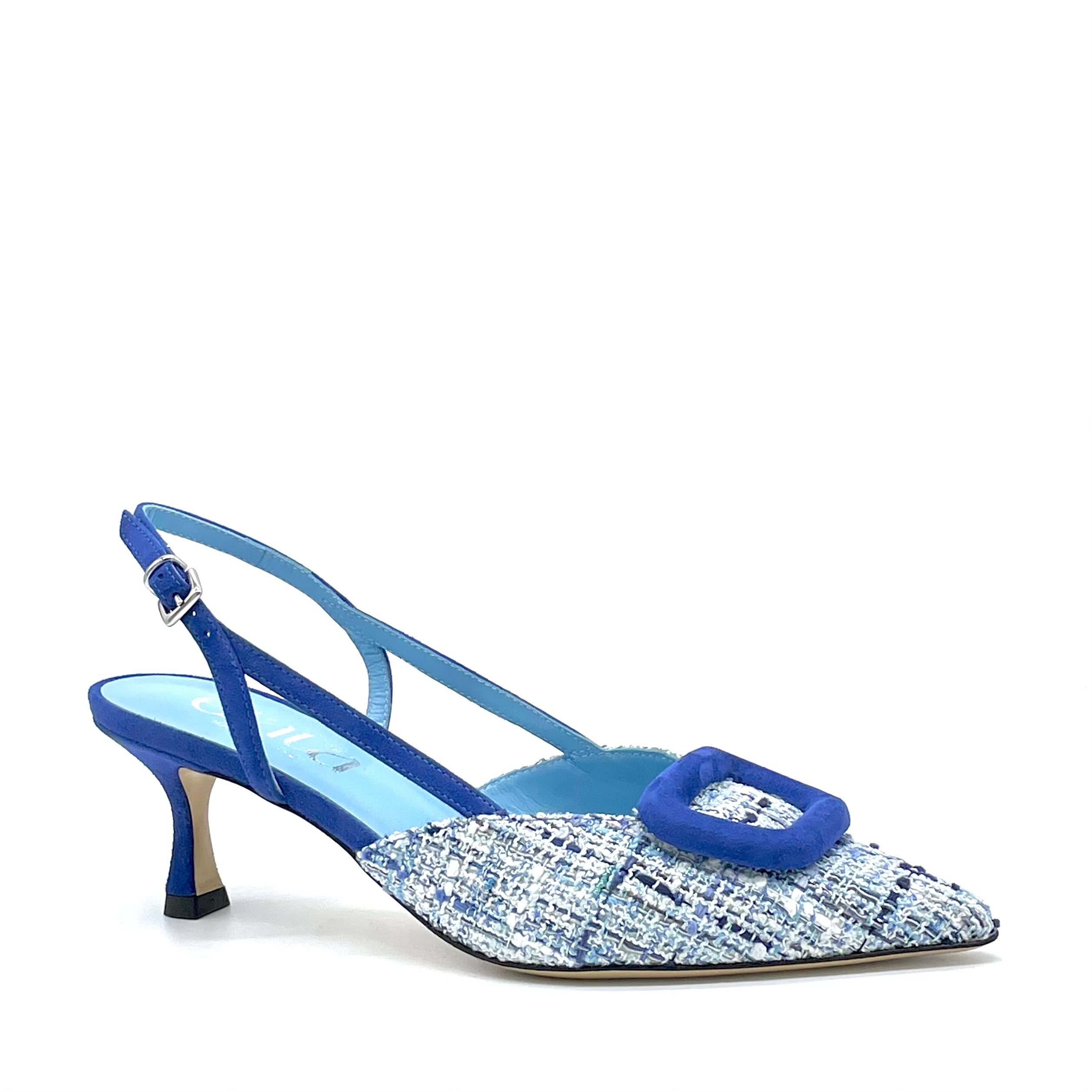 Ultramarine blue suede and tweed fabric slingback – Cod. 54518-2