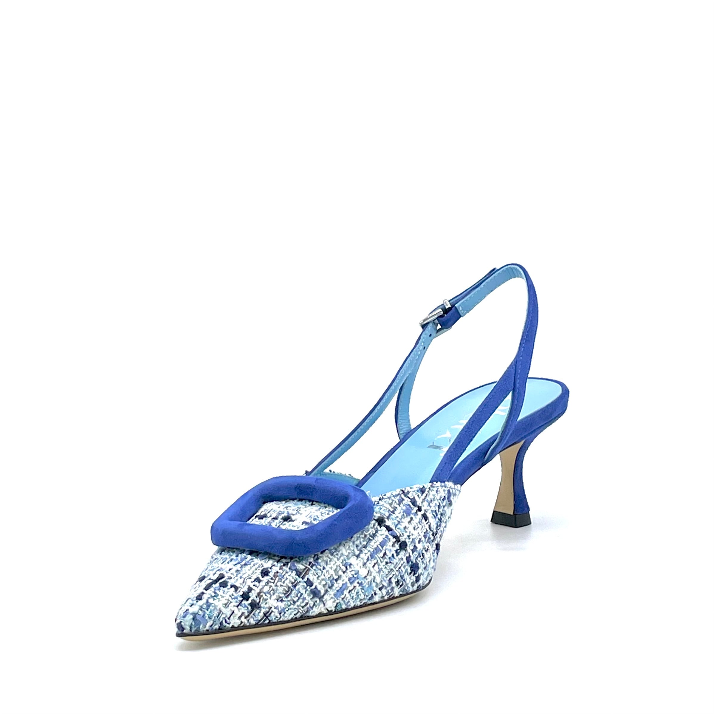 Ultramarine blue suede and tweed fabric slingback – Cod. 54518-2