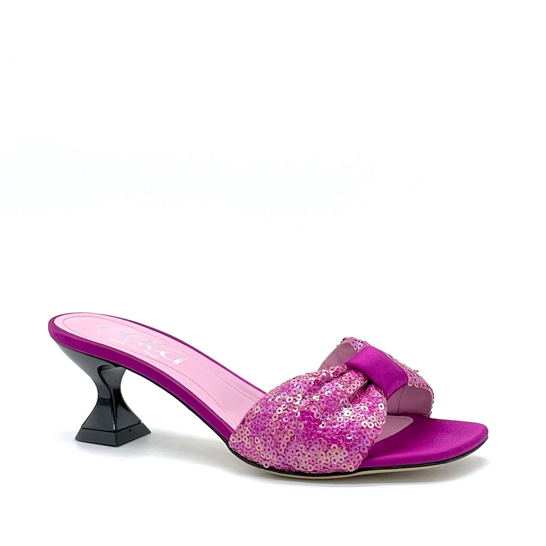 Mule in raso di seta e tessuto di paillettes color ciclamino – Cod. 14128