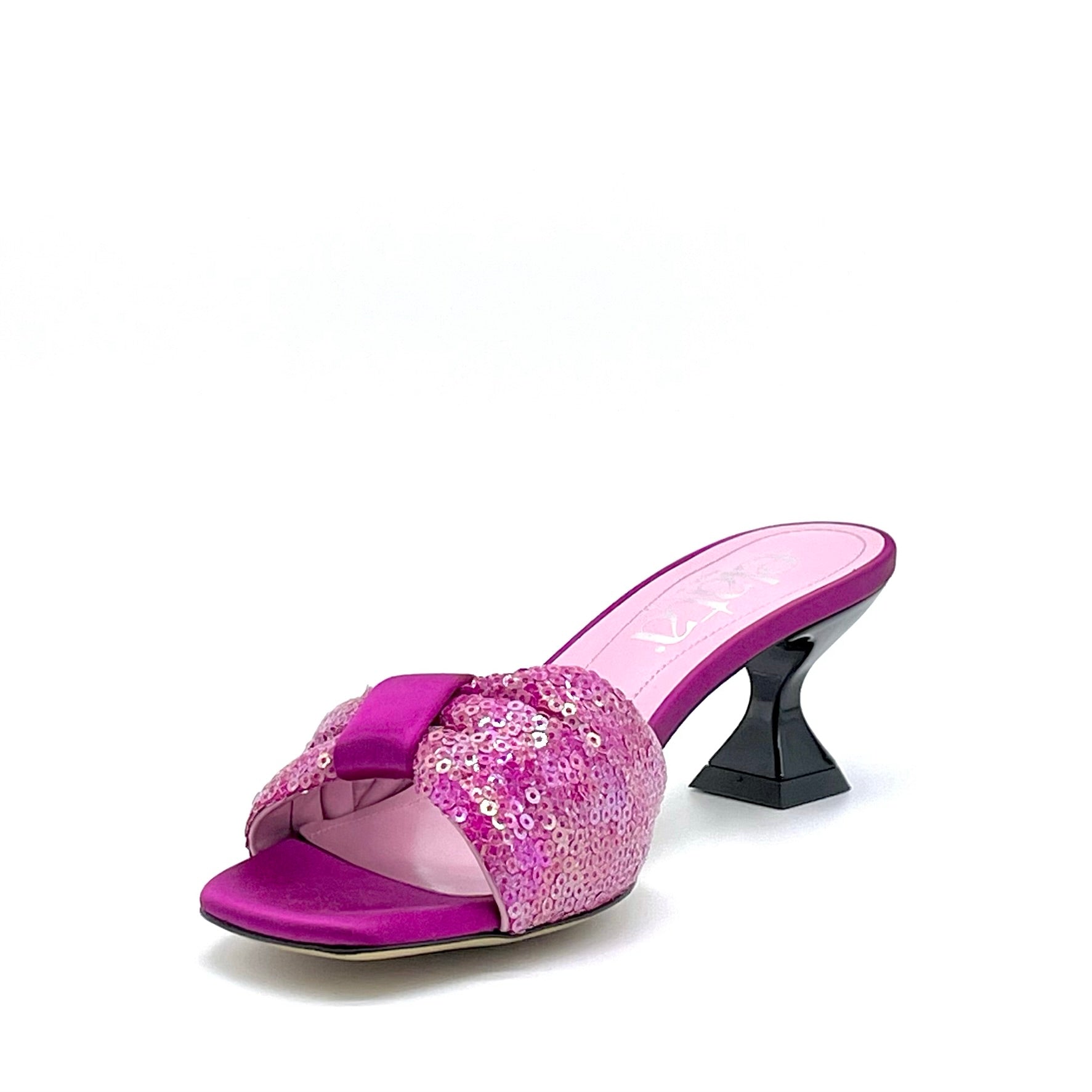 Mule in raso di seta e tessuto di paillettes color ciclamino – Cod. 14128