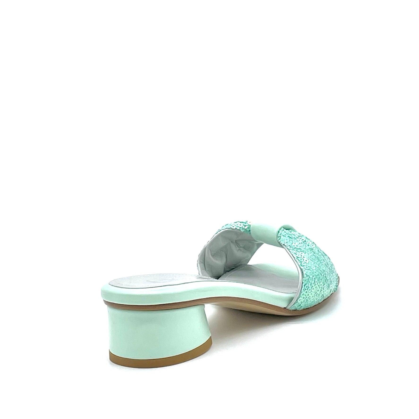 Mule in pelle verde, tessuto di pailletes e soletta piuma cod 14188