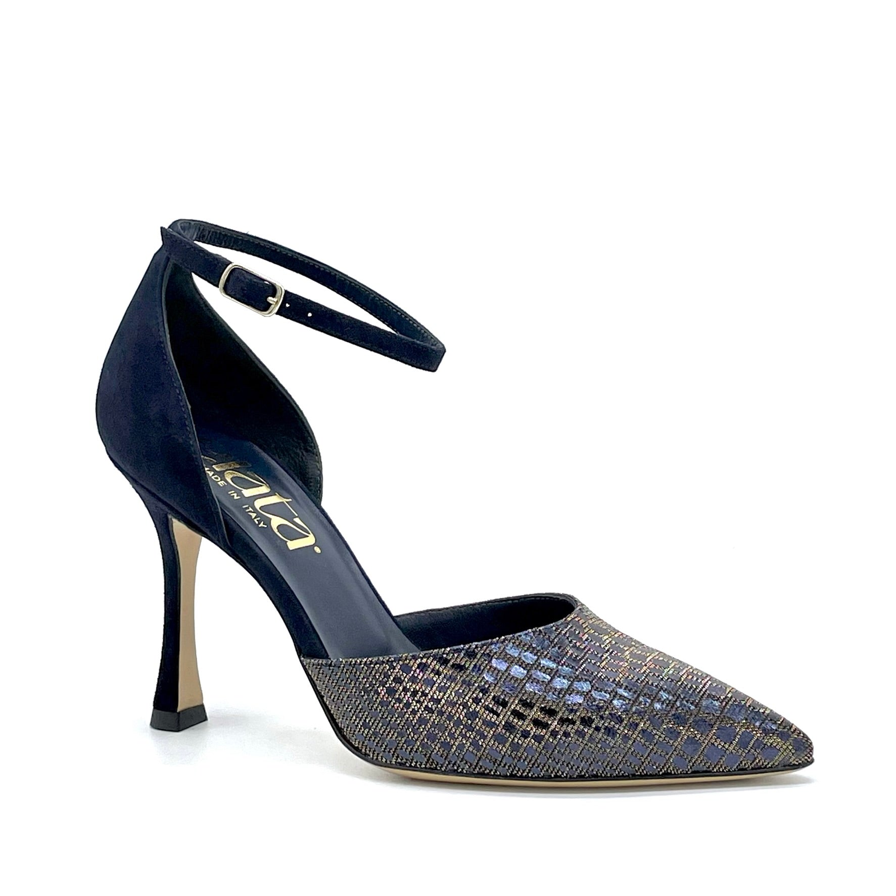 Blue suede and printed iridescent fabric d’orsay with ankle strap - Cod. 54501