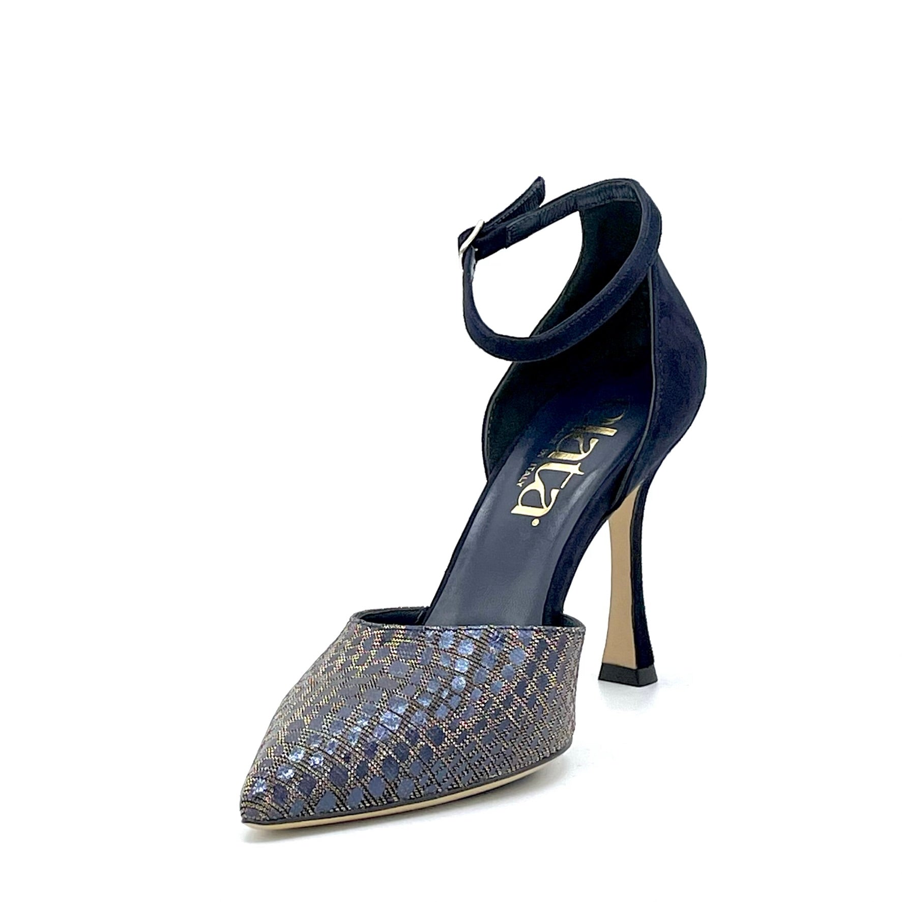 Blue suede and printed iridescent fabric d’orsay with ankle strap - Cod. 54501