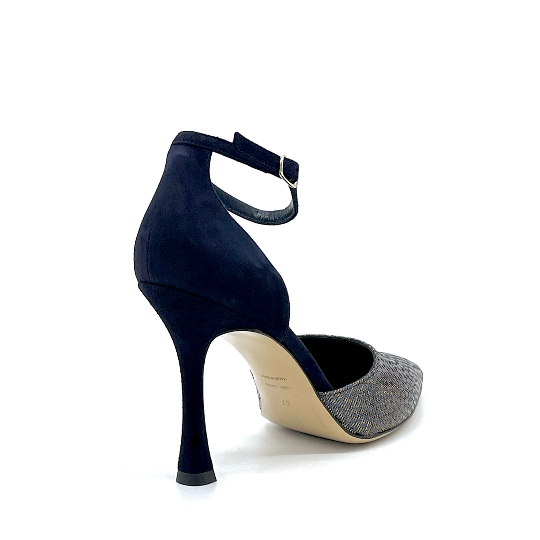 D’orsay in camoscio blu e tessuto stampato cangiante con cinturino alla caviglia - Cod. 54501