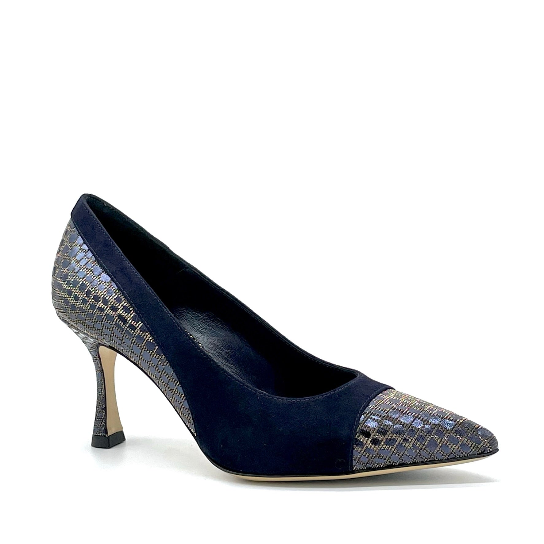 Blue suede and printed iridescent leather fabric pump - Cod. 54502