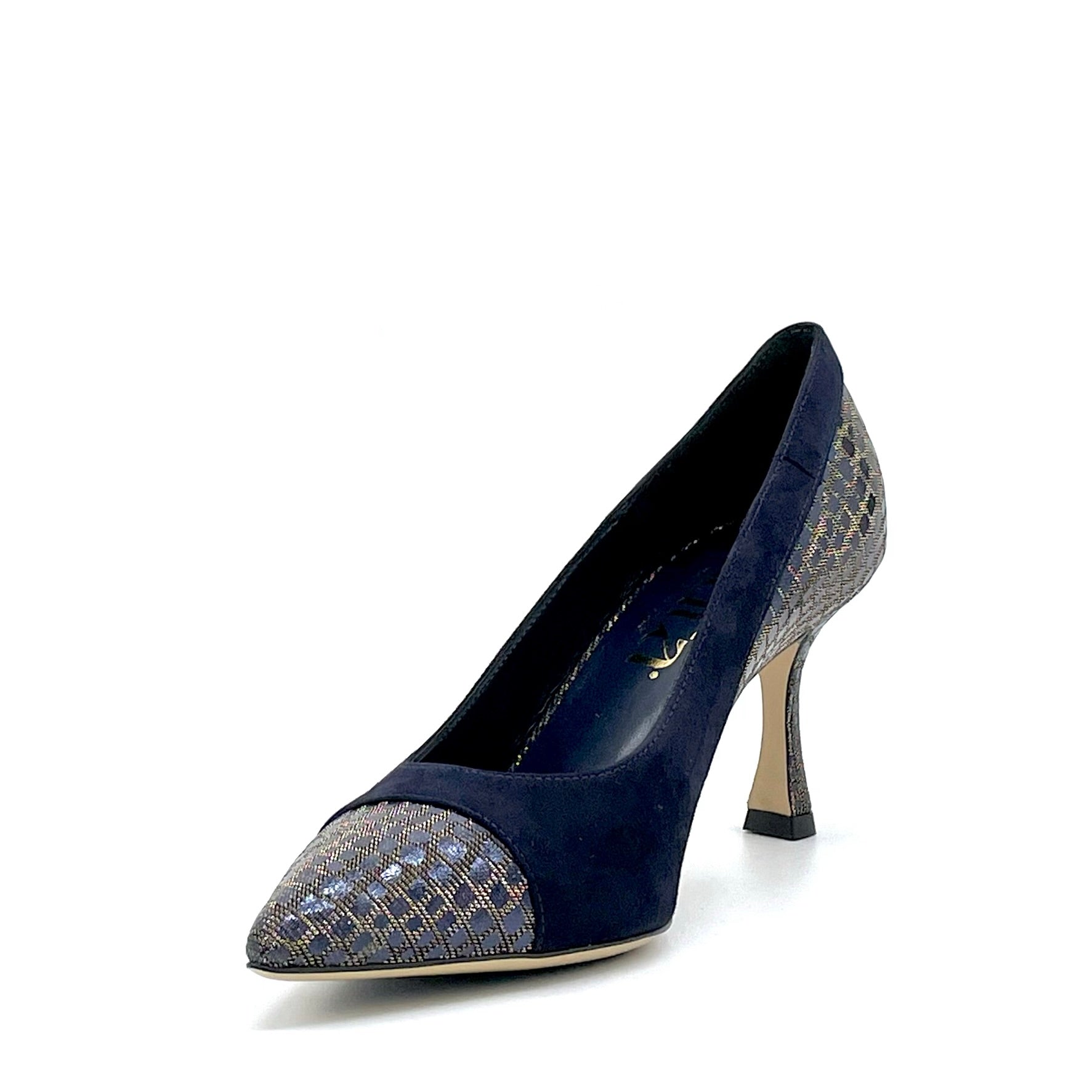 Blue suede and printed iridescent leather fabric pump - Cod. 54502