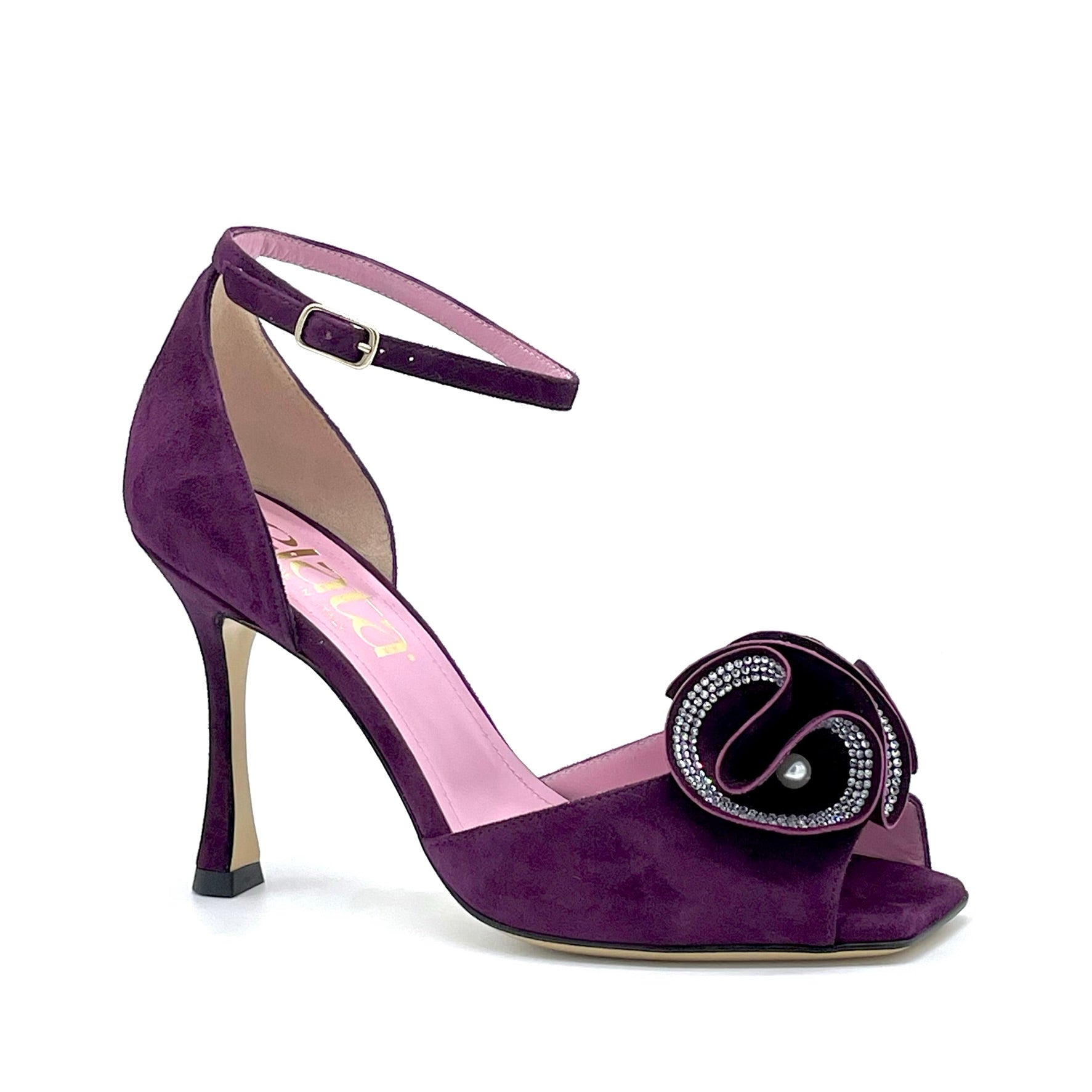 Purple suede sandal and floral accessory with rhinestones and pearl with ankle strap - Cod. 54506