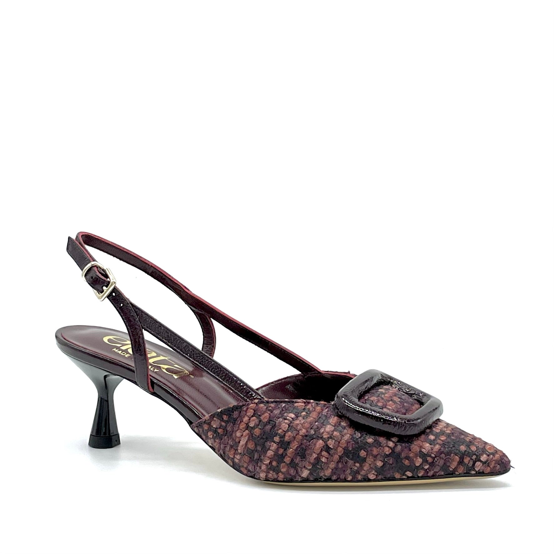 Plum tweed fabric slingback with patent buckle - Cod. 54518