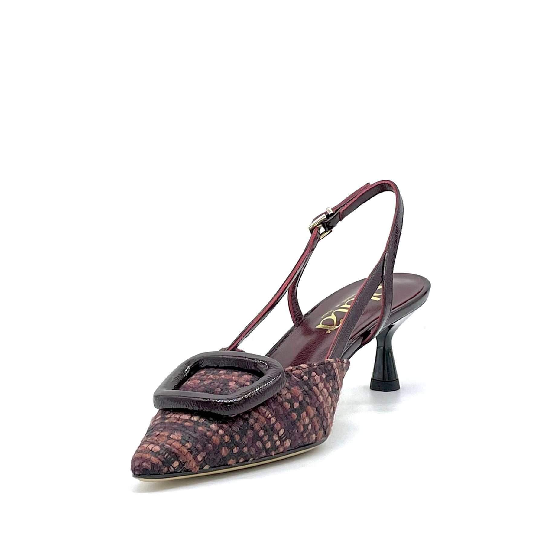 Plum tweed fabric slingback with patent buckle - Cod. 54518