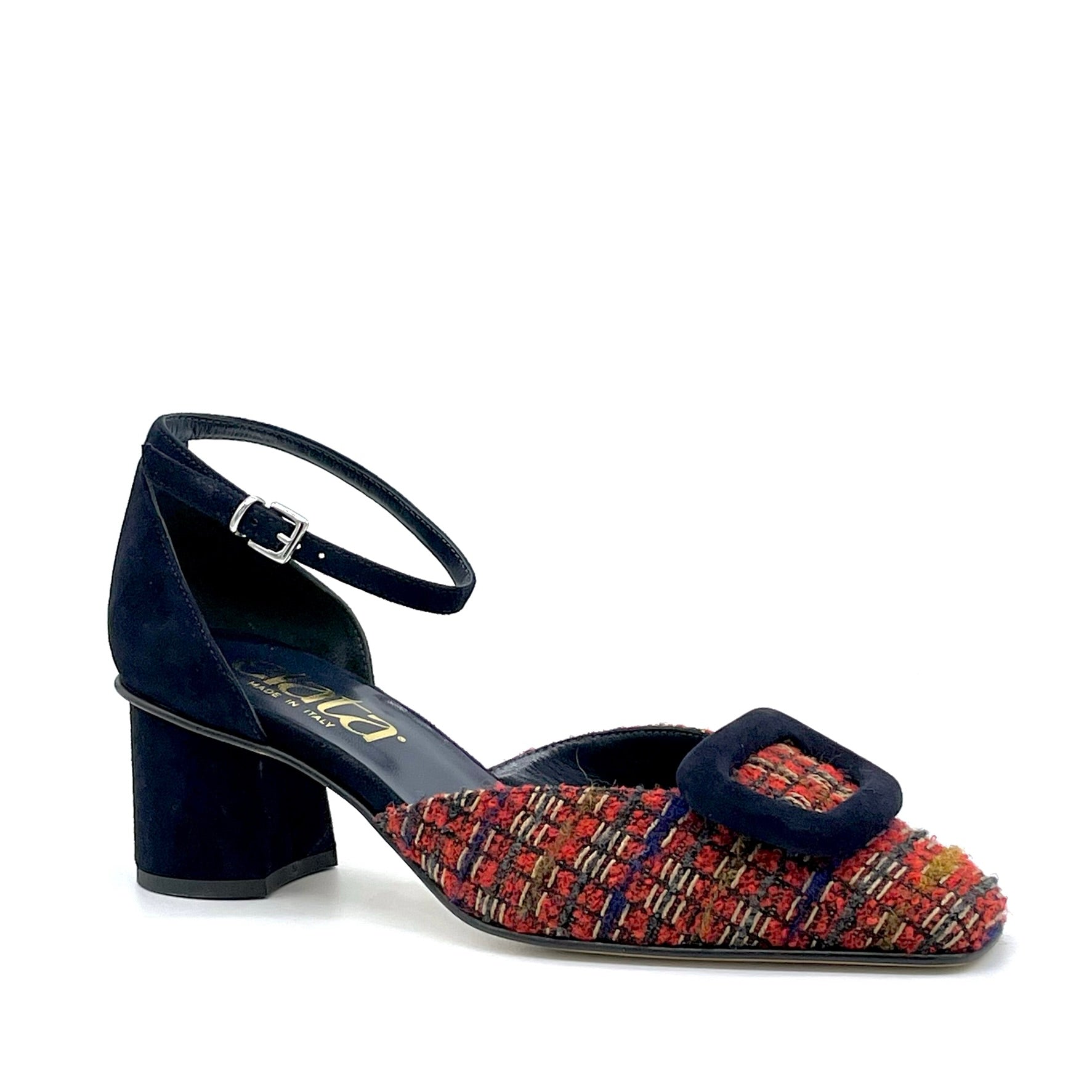 Red bouclé fabric and blue suede d’orsay with buckle and anklestrap - Cod. 54520