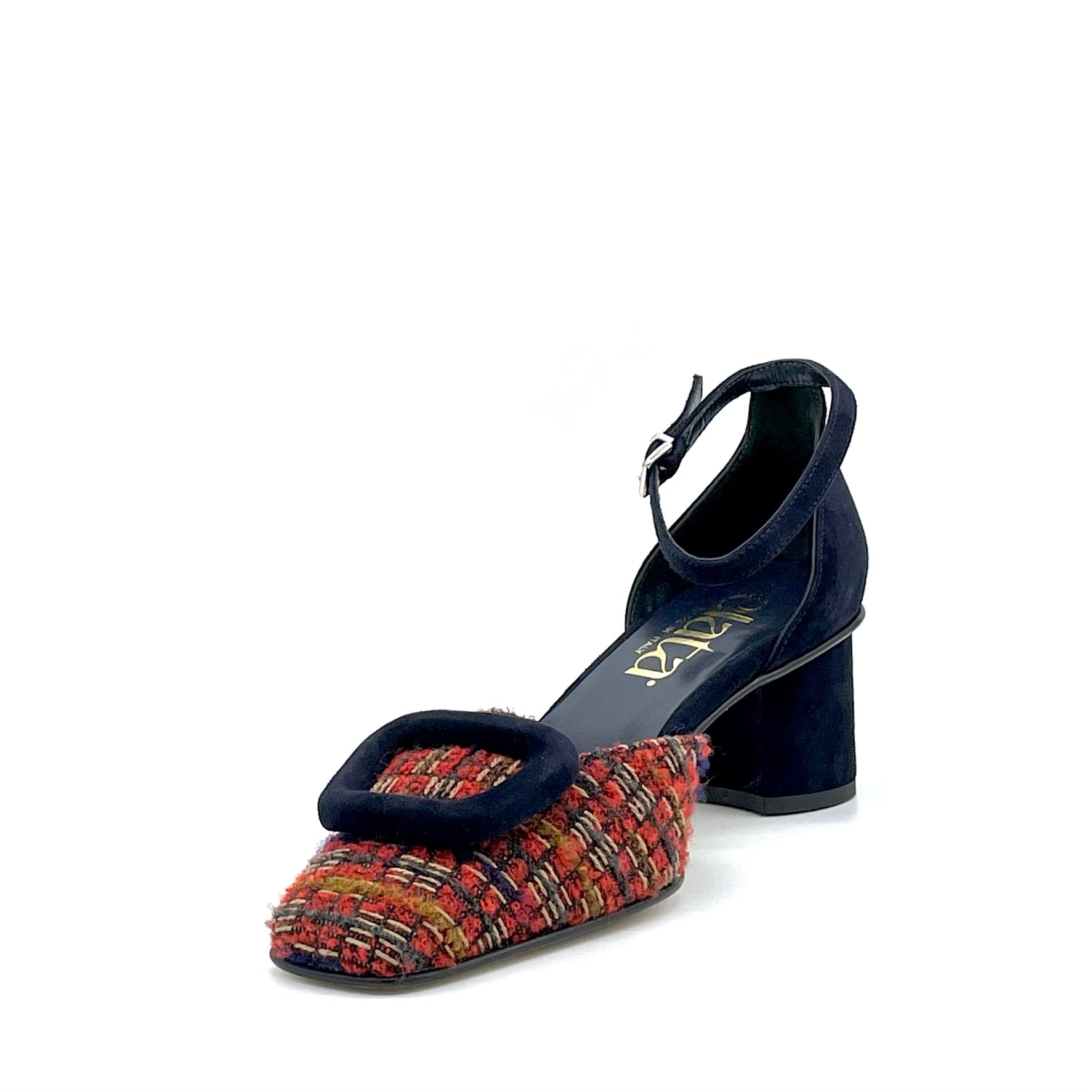 D’orsay in tessuto bouclé rosso e camoscio blu con fibbia e cinturino alla caviglia - Cod. 54520