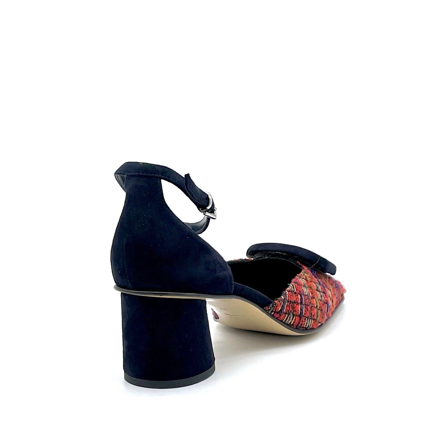 D’orsay in tessuto bouclé rosso e camoscio blu con fibbia e cinturino alla caviglia - Cod. 54520