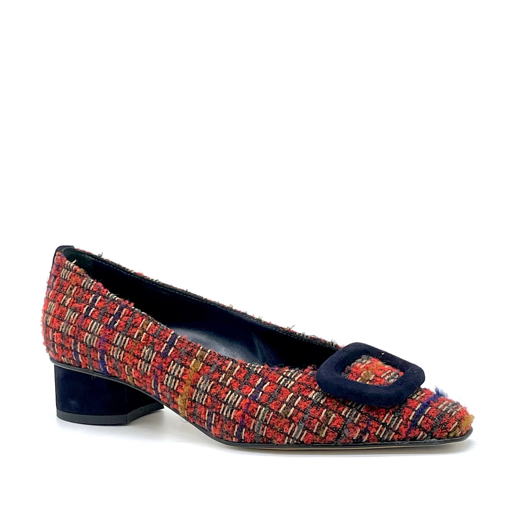 Red bouclé fabric and blue suede pump with buckle - Cod. 54528