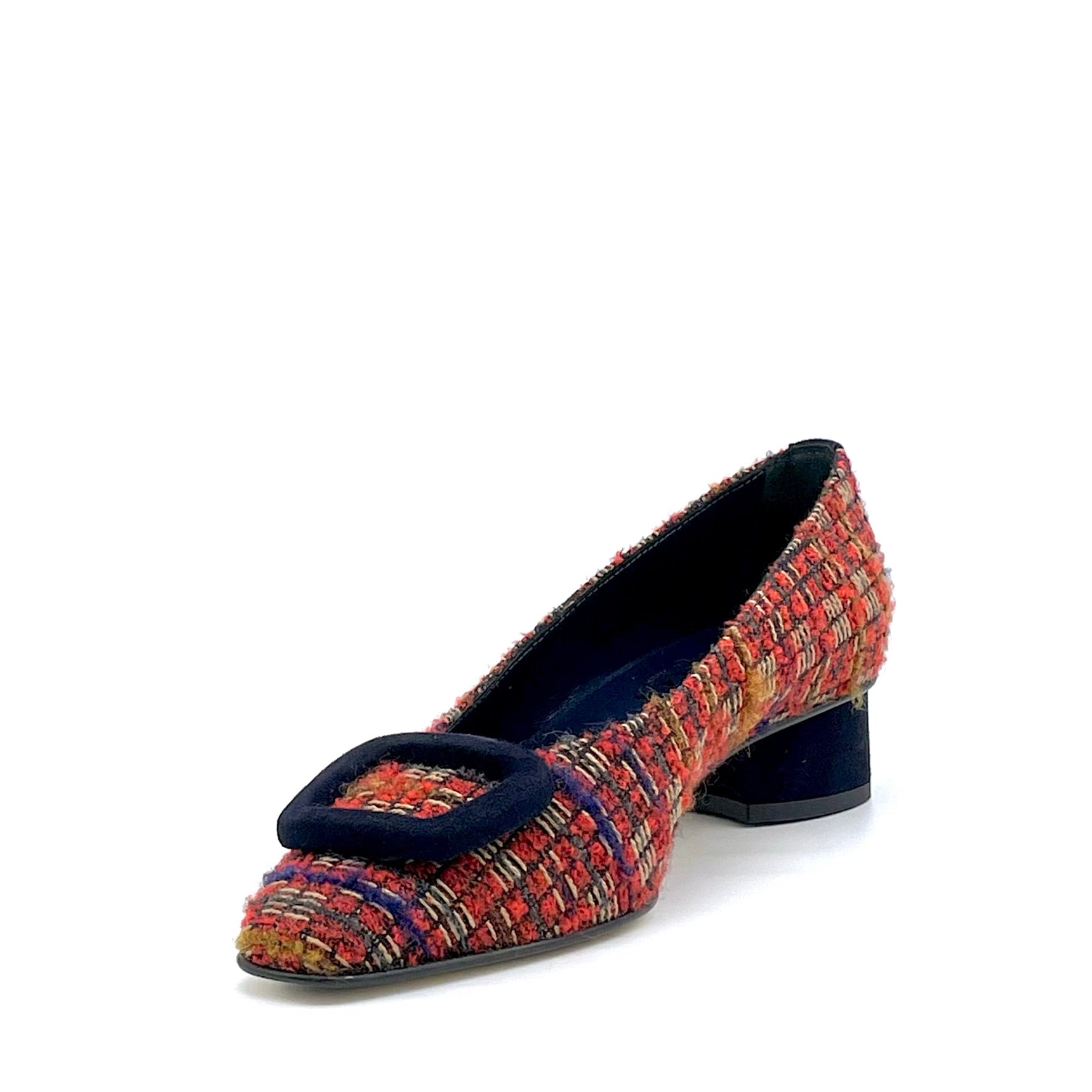 Décolleté in tessuto bouclé rosso e camoscio blu con fibbia - Cod. 54528