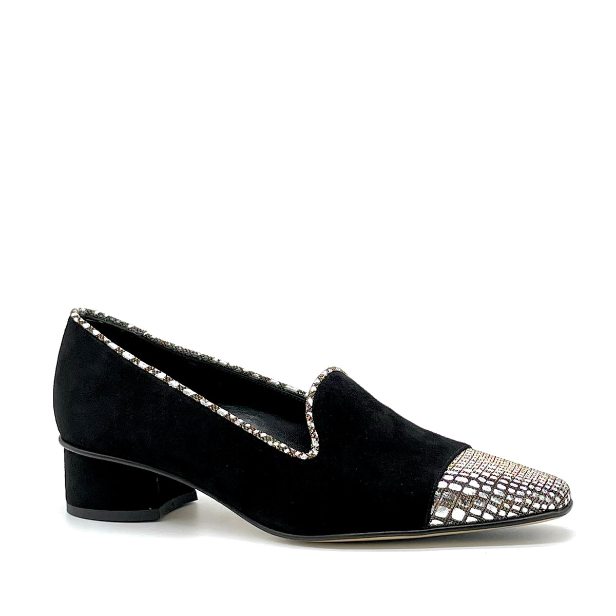 Mocassino in camoscio nero e tessuto stampato argento - Cod. 54532