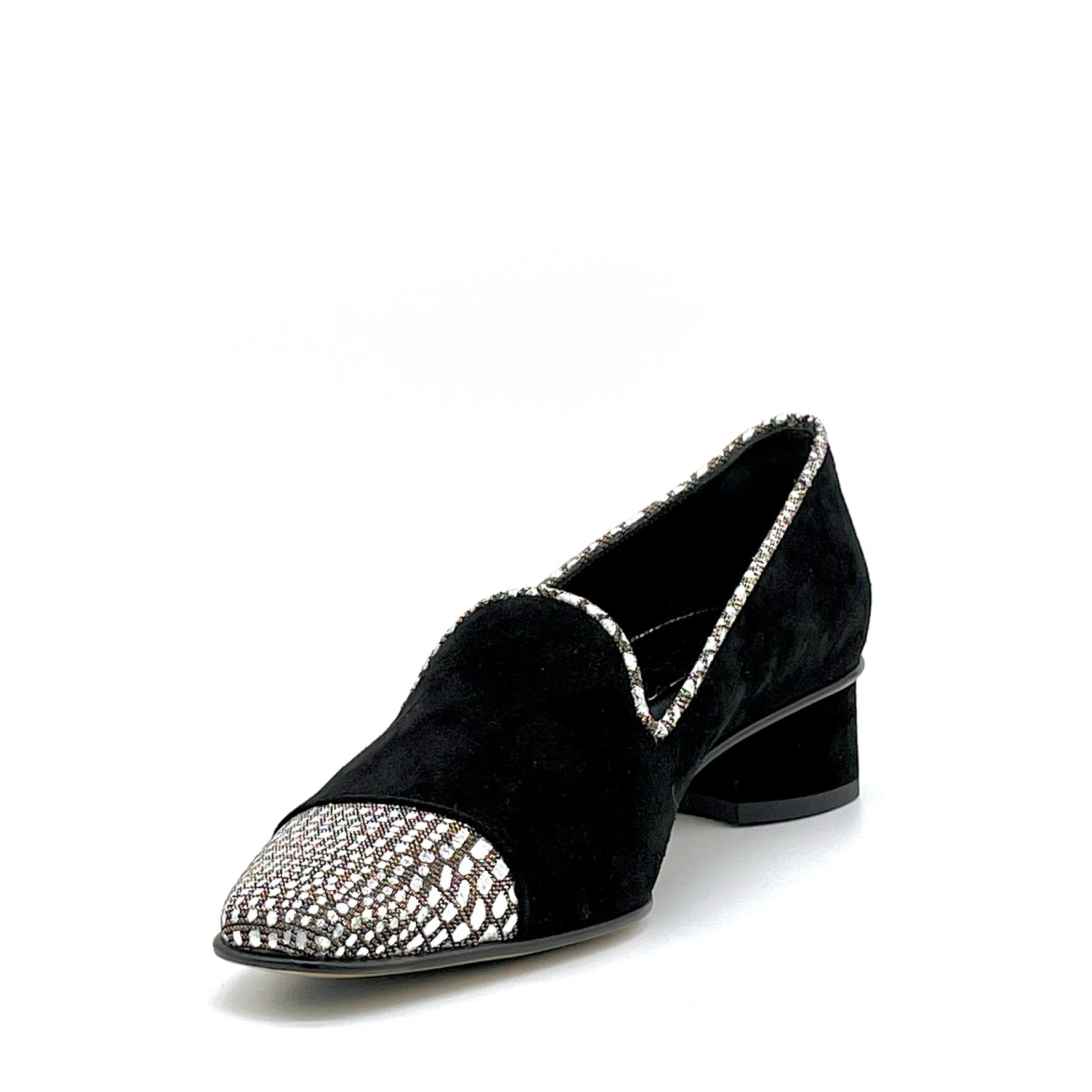Mocassino in camoscio nero e tessuto stampato argento - Cod. 54532