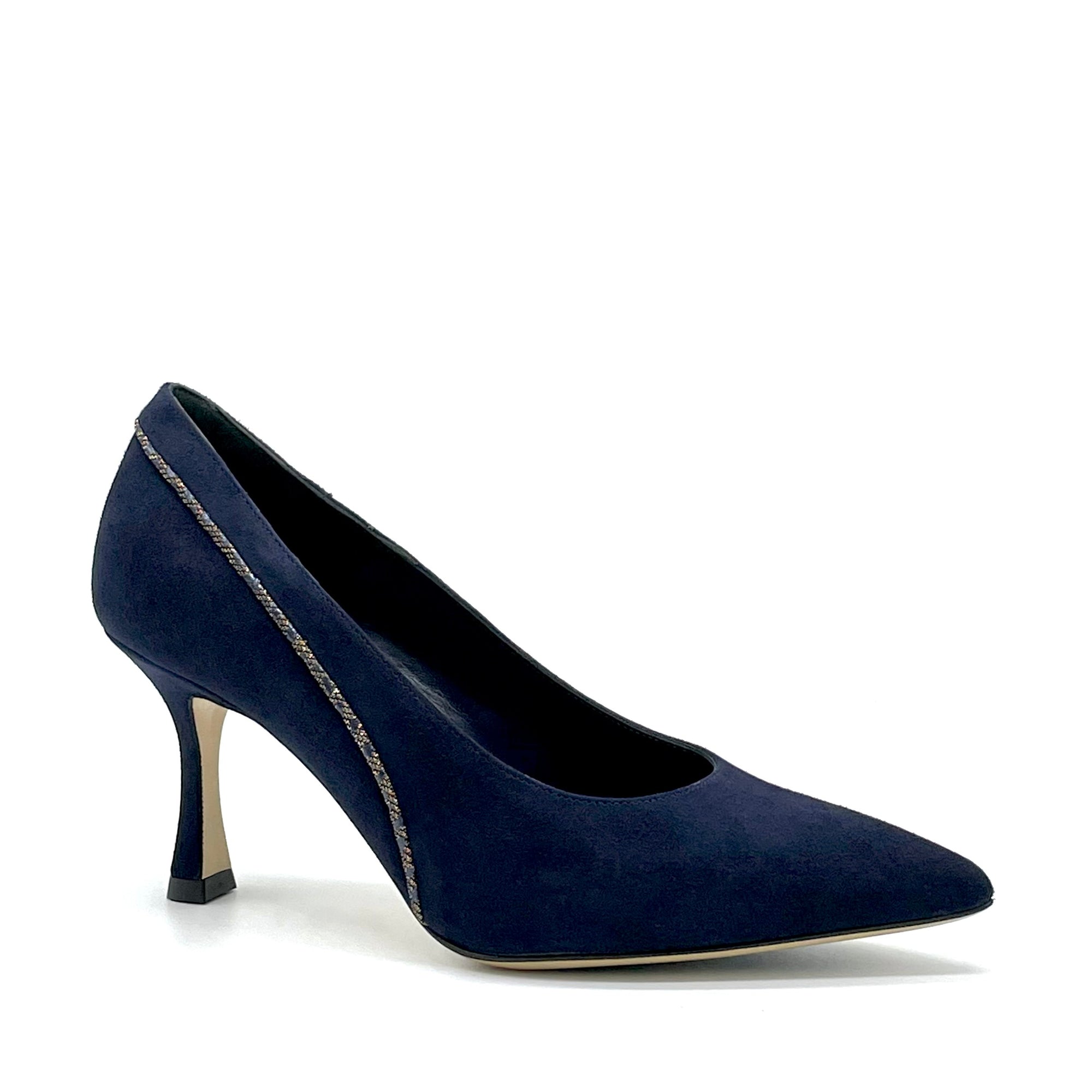 Blue suede with printed iridescent fabric insert pump - Cod. 54503