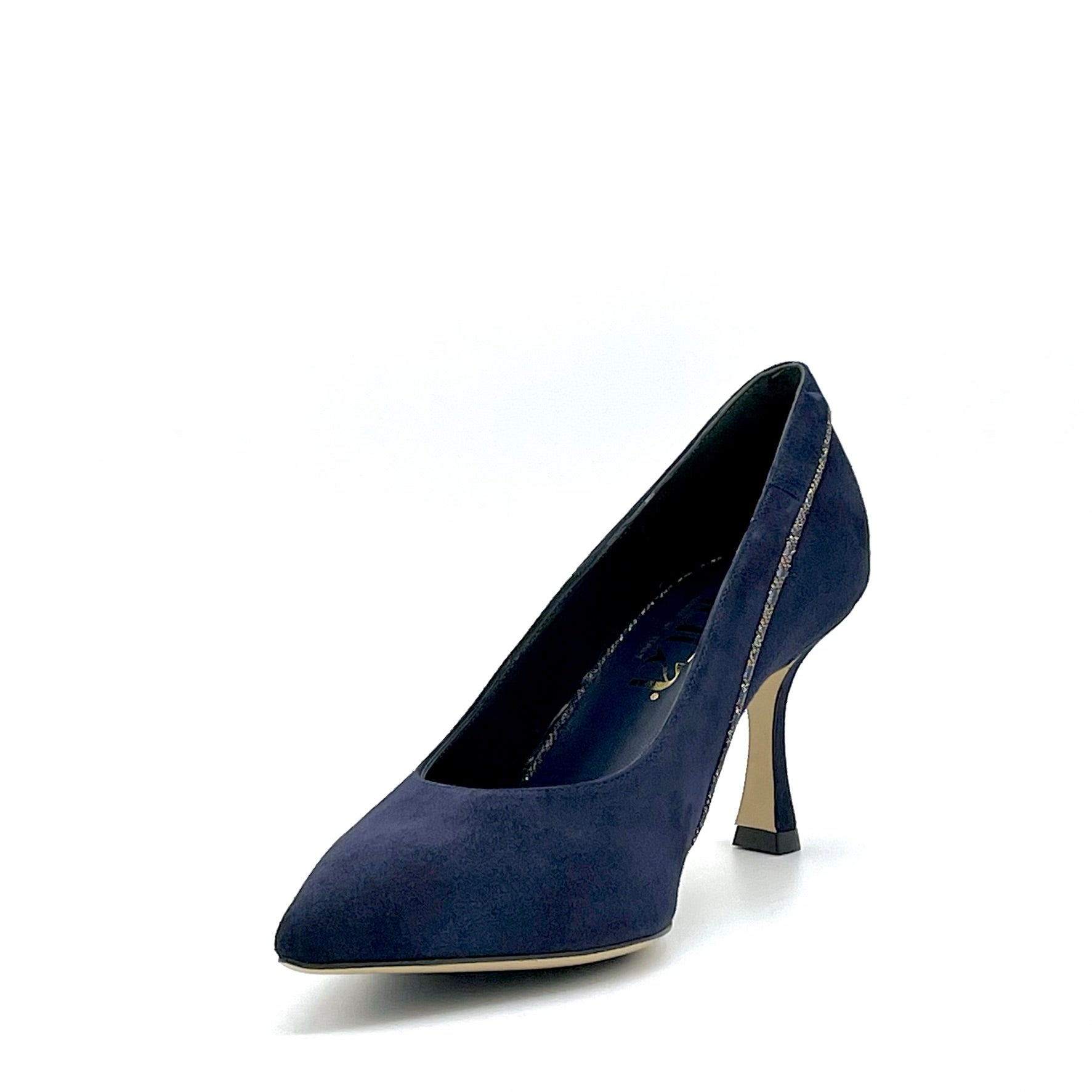 Décolleté in camoscio blu e inserto in tessuto stampato cangiante - Cod. 54503