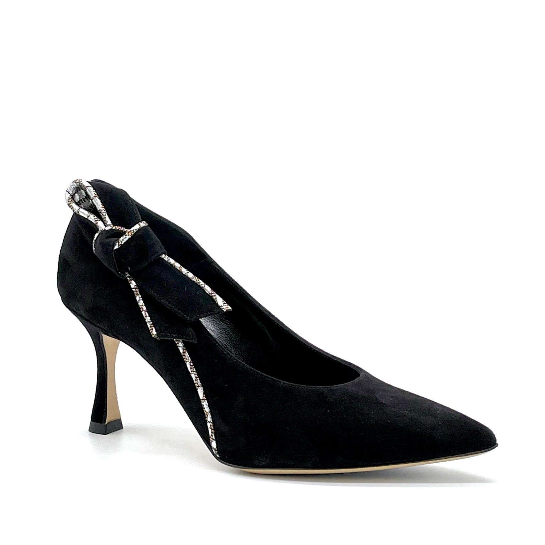 Décolleté in camoscio nero e inserti in tessuto stampato argento - Cod. 54504