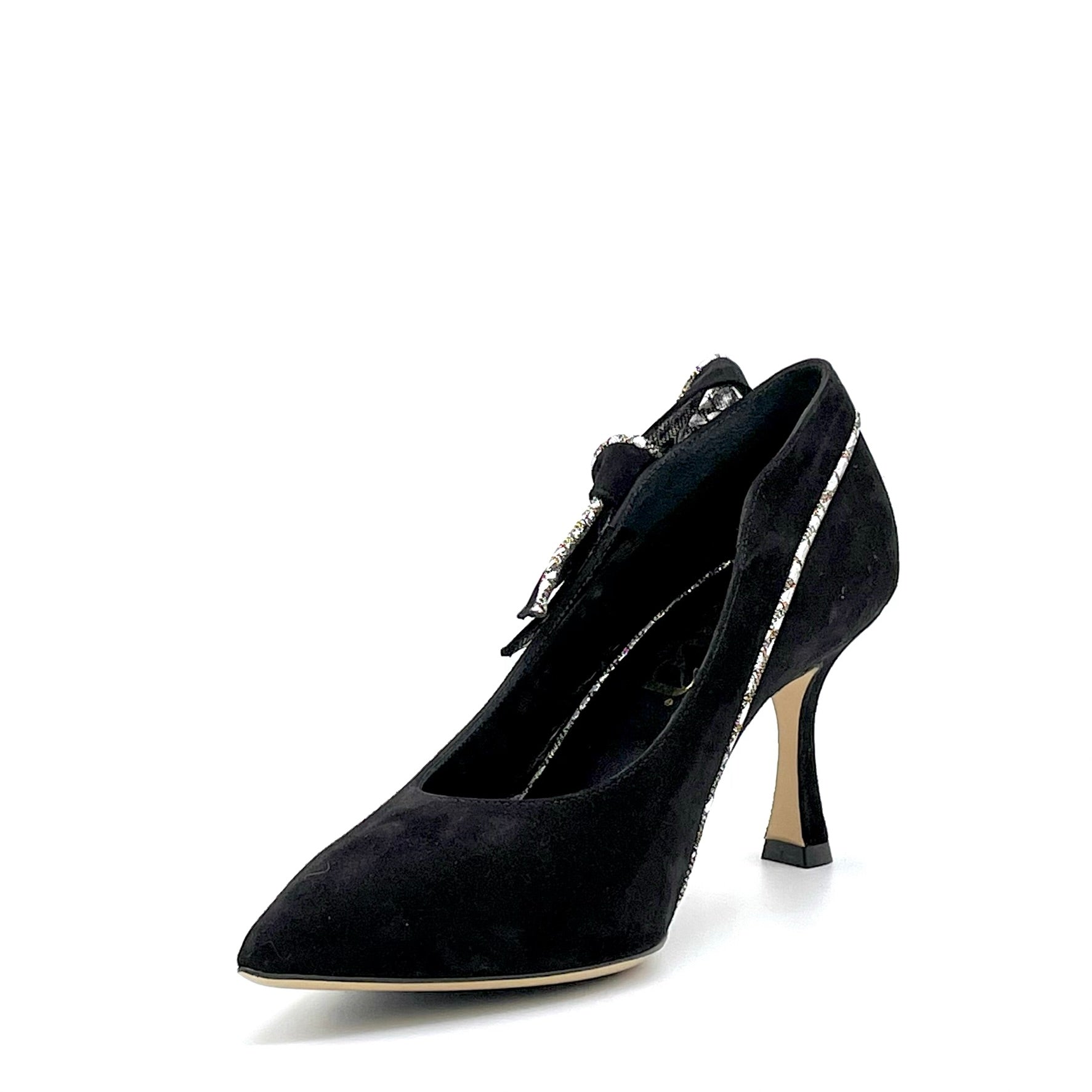 Black suede with printed silver fabric inserts  pump - Cod. 54504