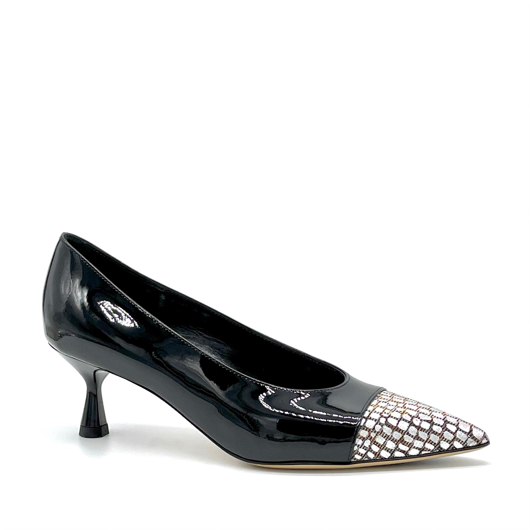 Black patent and silver printed fabric pump - Cod. 54514